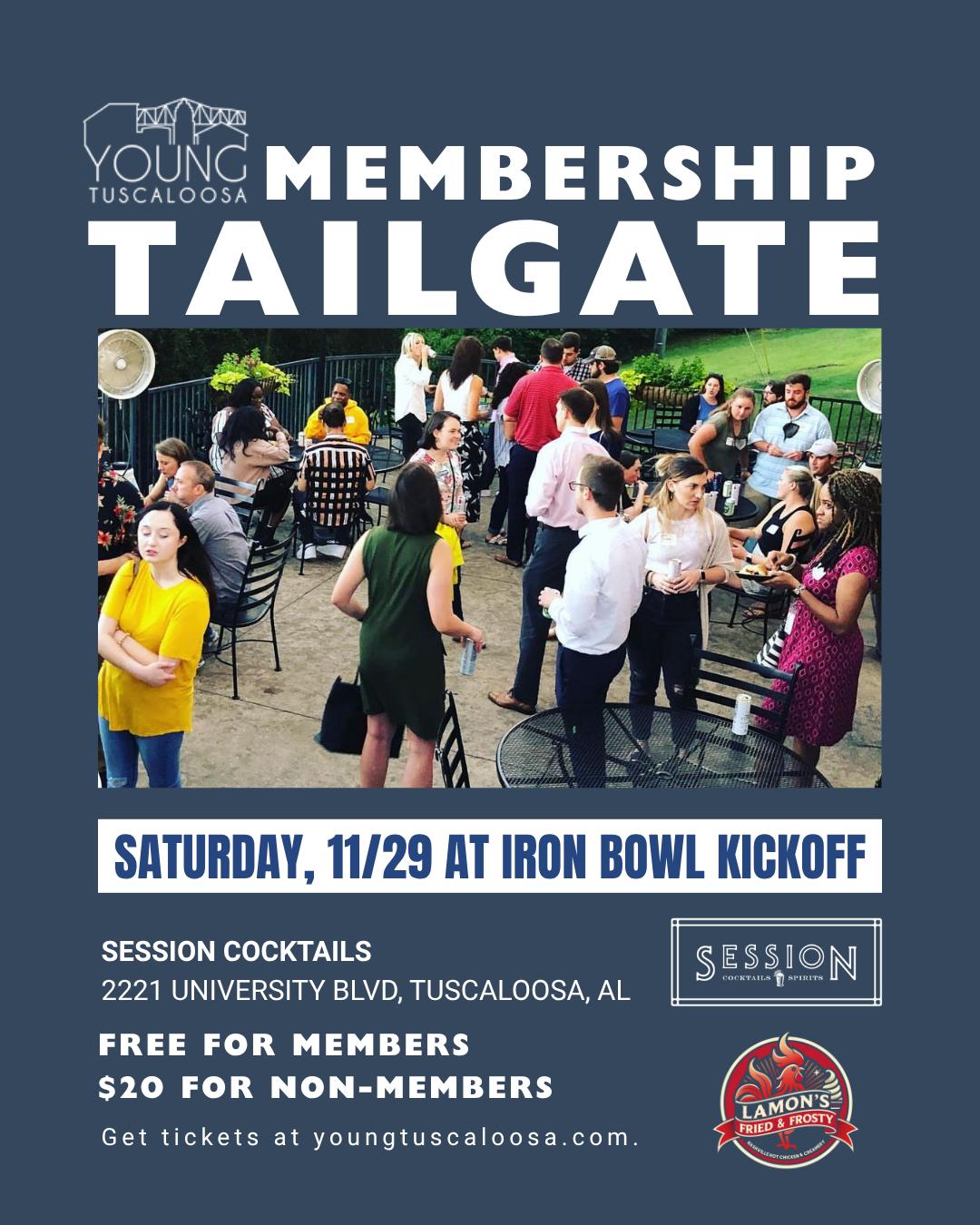 Save the date for our November membership tailgate at Session Cocktails! 🏈 We're kicking off the Iron Bowl together with this fun social event sponsored by Session and Lamon's Fried & Frosty. 😋
FREE for members and $20 for non-members - each ticket gets you two free drinks and food provided by Lamon's. Don't miss this awesome watch party!
#YoungTuscaloosa