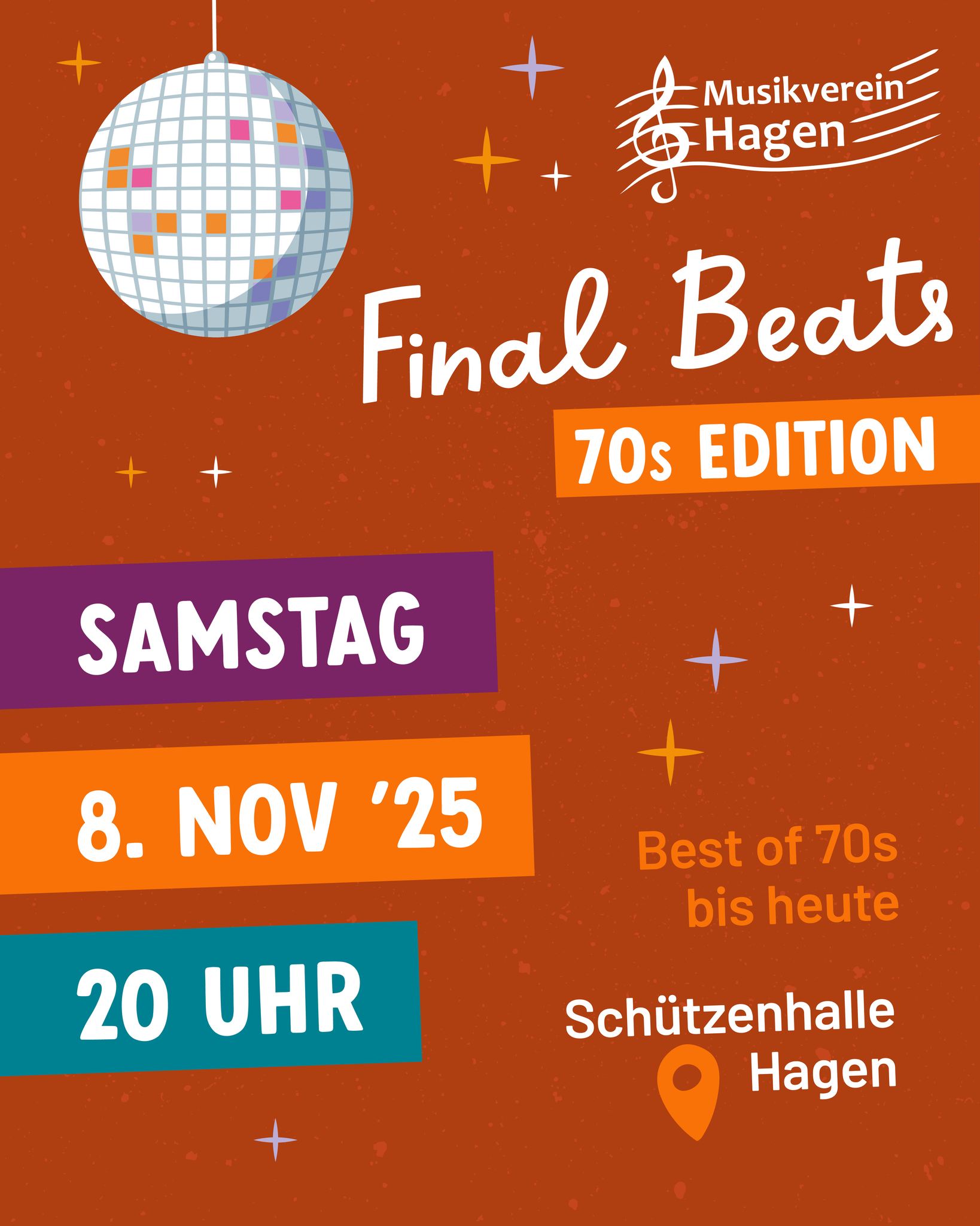 ✨Final Beats 70s Edition! ✨
Am 08. November präsentieren wir euch wieder einen tollen Abend zum Feiern und Tanzen 🪩
Hier die wichtigsten Infos:
🎶 Live-Musik - Best of 70s bis HEUTE
📍Schützenhalle Kuhschisshagen
🎟️ Abendkasse 10€
🕺🏻Glitzer, Schlaghosen & Discofieber – wer Bock hat, zeigt sein wildestes 70s Outfit!
🎫 VVK 8€ am Dorfladen
🗓️ Sa. 25.10. von 9.00 - 12.30 Uhr
🗓️ Fr. 31.10. von 14.00 - 18.30 Uhr
🍺 Vrisches Veltins
🍹Cocktails
Seid dabei & get ready to boogie! 💃🕺🏻
Wir freuen uns auf eine unvergessliche Party mit Euch ✨🪩
Euer MV Hagen
#finalbeats #party #kuhschisshagen #dance #70s