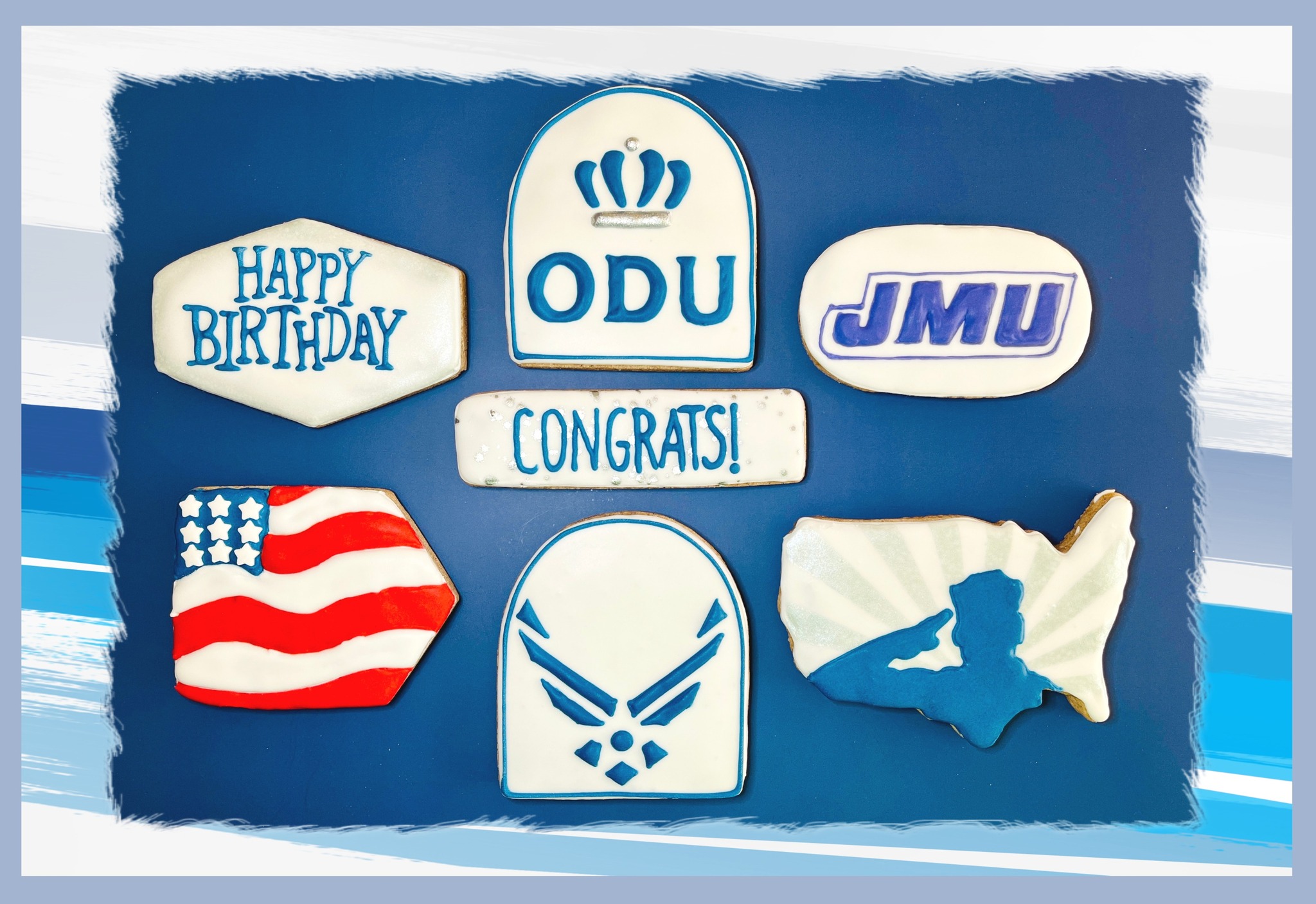 So much to be proud of in this set of cookies! When a mom requests cookies for her sons. Happy Birthday, graduating from JMU, ODU and entering the Airforce cookies!