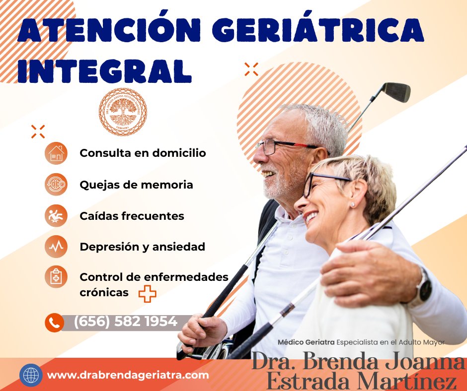 ✨ ¿Qué es un médico geriatra?
El geriatra es el especialista en la salud de las personas mayores.
👵👴 Atiende principalmente a pacientes de 60 años o más, con un enfoque integral en su bienestar físico, mental y social.
✅ Padecimientos más frecuentes en consulta:
• Demencias y problemas de memoria
• Depresión y ansiedad
• Fragilidad y caídas
• Enfermedades crónicas (diabetes, hipertensión, artritis, EPOC)
• Problemas de movilidad y dolor crónico
• Enfermedades terminales
👉 El objetivo es mejorar la calidad de vida, prevenir complicaciones y mantener la independencia el mayor tiempo posible.
⸻⸻⸻⸻⸻⸻⸻⸻⸻⸻⸻⸻⸻⸻
📅 Agenda tu cita hoy
📞📲➡️Celular: 656 582 1954
👩🏻⚕️Dra. Brenda Joanna Estrada Martínez
Cédula profesional 11015760, Cédula de especialista: 14373082
🥼⚕️Certificada por el Consejo Mexicano de Geriatria, A.C.
—> Socio activo de la Academia Mexicana de Geriatria ⚕️
Consultorio🏥
🌎📍Av. Plutarco Elias Calles # 1148,
Fraccionamiento la Raza, Ciudad Juarez, Chihuahua.
Siguenos en Instagram:
—> Ig: dra.brenda_estrada