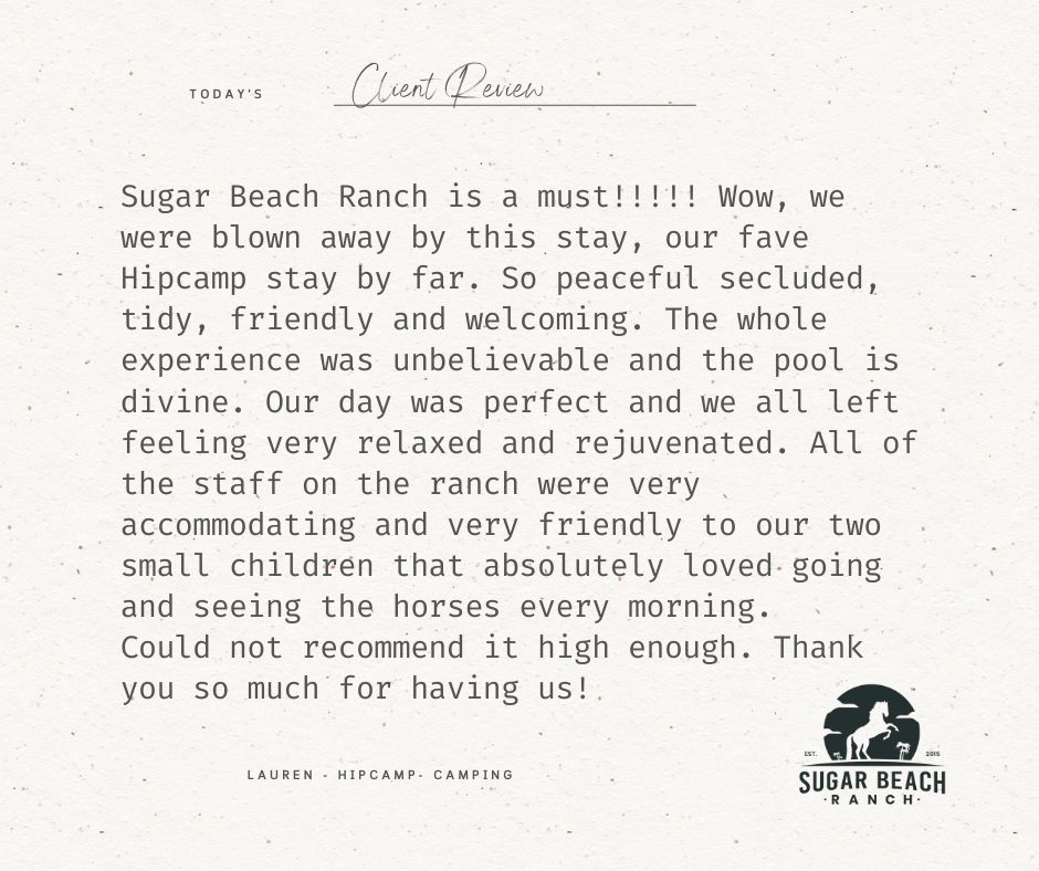 Guests have options when they come to visit the ranch...
Choose the Beach Bungalow sleeping up to 4 guests or relax and unwind in the designated camping area. Surrounded by the horses grazing peacefully in their paddocks, the area is protected and surrounded by trees for shade and privacy.