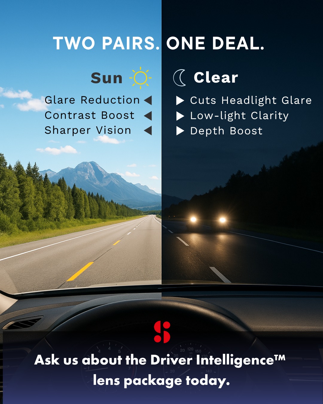 ✨ Two Pairs. One Deal. ✨
For a limited time, you don’t have to choose between sunglasses and clear lenses for driving. With Shamir Driver Intelligence™, you’ll get both Sun + Clear pairs in one package — designed for sharper vision, reduced glare, and total confidence on the road. 🚗🌙☀️
👓 Single Vision: $595 (Reg. $1190)
👓 Progressive: $1075 (Reg. $2050)
📍 Visit us at Lynn Valley Optometry to upgrade your driving vision today.
#northvancouver #lynnvalleyoptometry #shamir #drivingvision #shoplocal #northshore