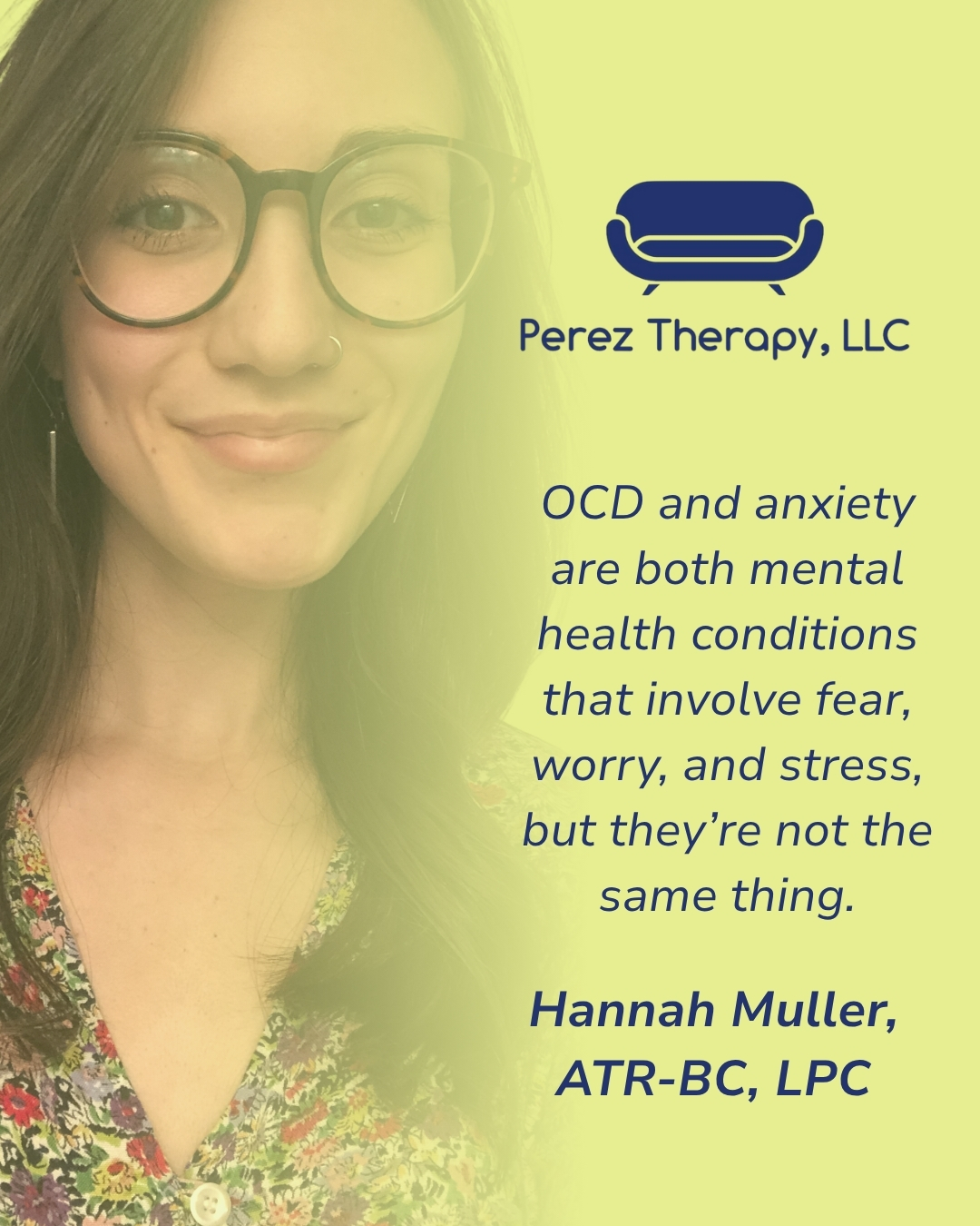 Anxiety and OCD can often look similar — but they’re not the same. ✨
In her latest blog, Hannah Muller, ATR-BC, LPC breaks down the differences between anxiety and OCD, how they can overlap, and why understanding the distinction matters for your mental health. 🌸
Learn how awareness and the right support can make all the difference. 💫
Read the full blog here: www.pereztherapyllc.com/ocd-a-master-of-disguise
hashtag#TherapyEducation hashtag#Mindfulness hashtag#HealingJourney hashtag#PerezTherapyLLC