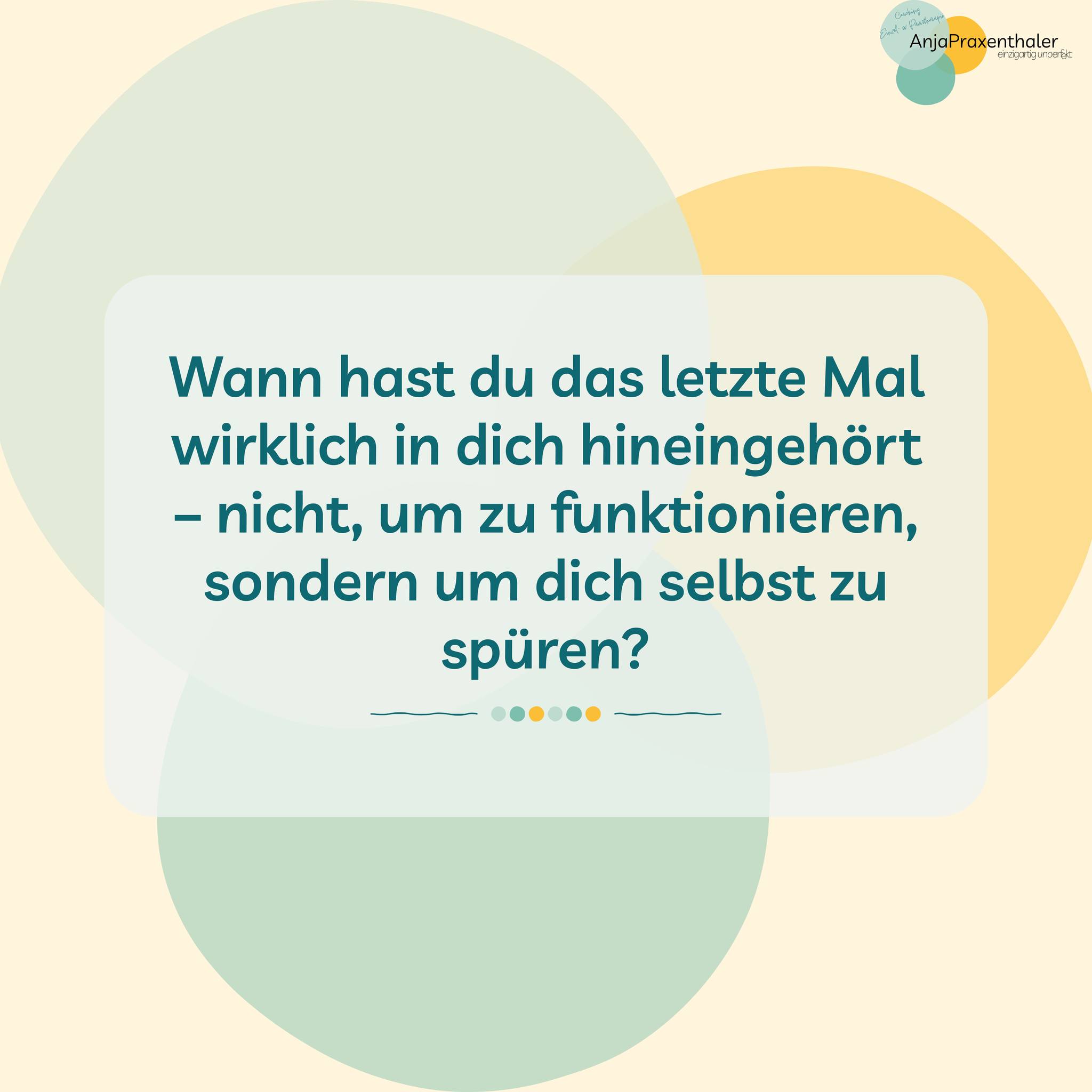 5 Minuten für dich
So einfach kann es manchmal sein und doch nehmen wir uns nicht die Zeit dafür.
Ich möchte gemeinsam mit dir, dass Bewusstsein dafür schaffen. Also nehme dir jetzt - ja genau jetzt! - die Zeit in dich zu gehen. Nicht weil du es musst, um zu funktionieren, sondern weil du es möchtest, um dich wieder zu spüren.
Und wenn du möchtest, dann teile hier deine Gedanken mit mir.
#PsychotherapieMünchen #HeilpraktikerinFürPsychotherapie #Einzeltherapie #Paartherapie #Coaching #Selbstfürsorge #SystemischeTherapie #EMDR #NLP #GanzheitlicheTherapie #PraxisPraxenthaler #InnereStärke #Selbstbestimmung #Achtsamkeit #einzigartigunperfekt