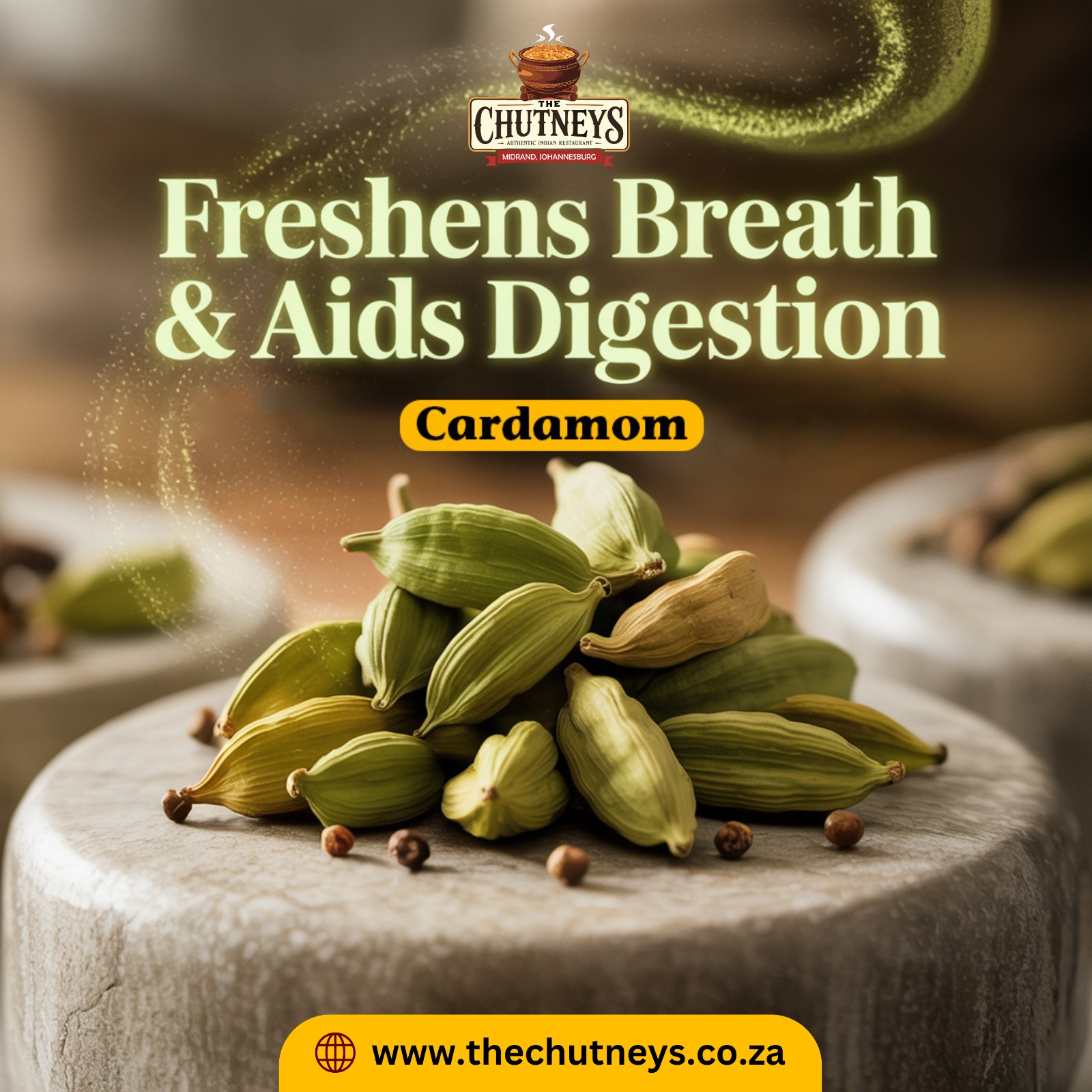 Sweet Spice, Aromatic Delight
Cardamom adds warmth and a hint of sweetness to biryanis and desserts. It rounds off our dishes with elegance and aroma.
Health Highlight: Freshens Breath & Aids Digestion.
Follow us on social media for more info👇
Insta - @thechutneysrestaurant https://www.instagram.com/thechutneysrestaurant...
Fb - https://www.facebook.com/thechutneys
Web - https://www.thechutneys.co.za
#TheChutneys #AuthenticIndianCuisine #TasteOfIndia #FoodLoversParadise #IndianFoodie #FoodiesOfJohannesburg #MidrandEats #cardamom