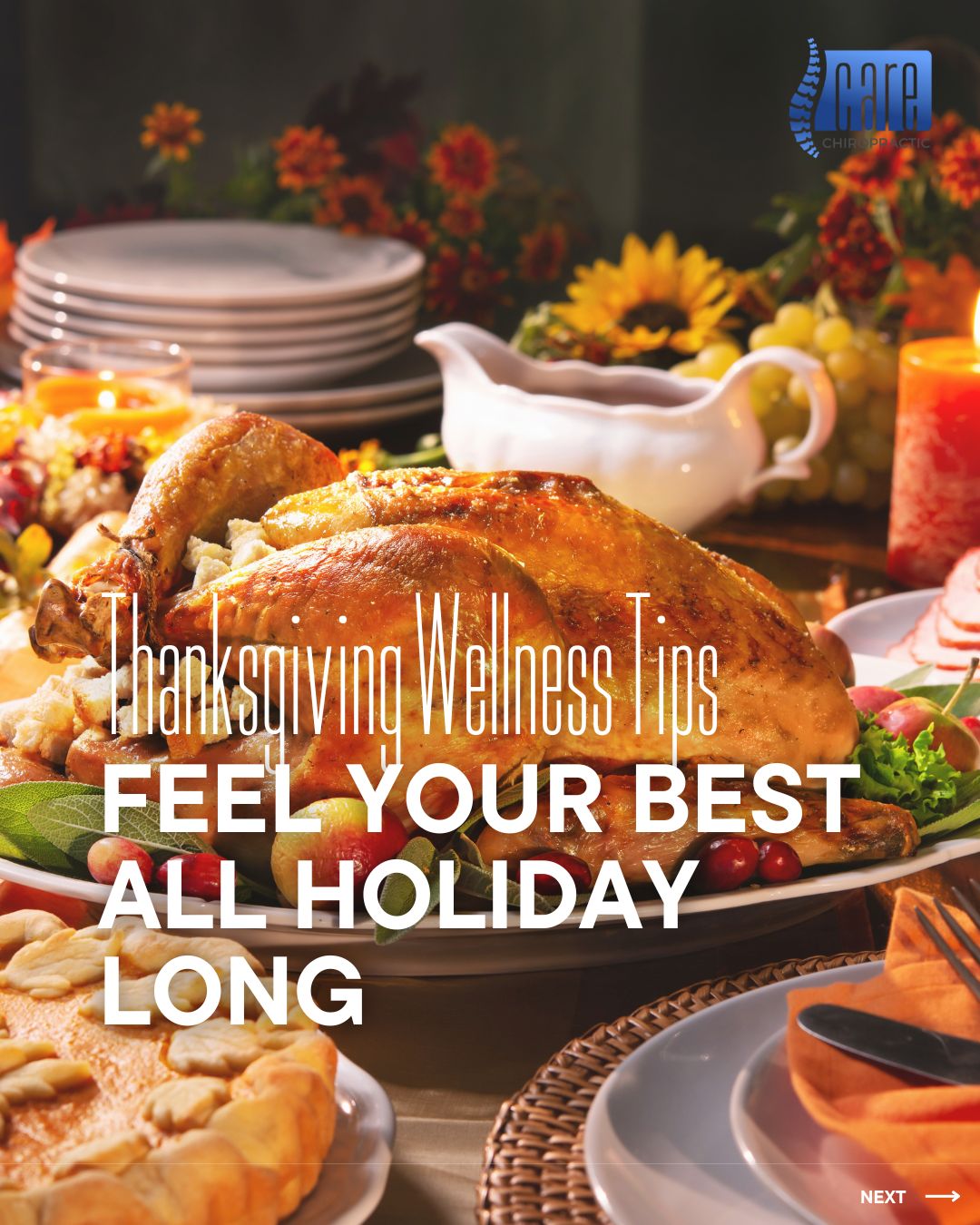 Thanksgiving is a time for good food, family, and making memories — but it can also bring extra stress, travel stiffness, and sore muscles. 🦃
A little care goes a long way toward keeping your body feeling its best.
Swipe through for our top 5 Thanksgiving wellness tips to help you move well, feel good, and enjoy the holiday to the fullest.
- The Care Chiropractic Team
P.S. Don’t forget to share this post with your friends and family