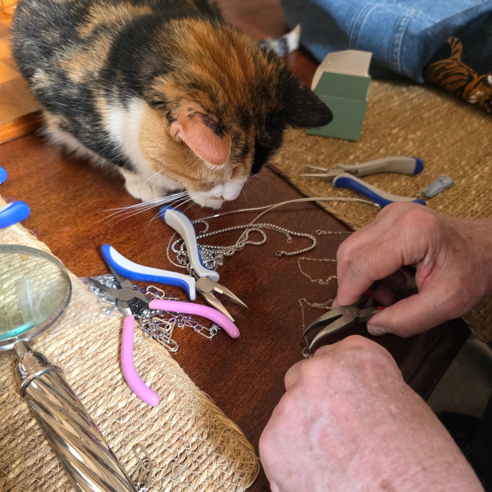 Shorty is learning hand-made jewelry, well let's call it paw-made in her case. We are open Fri & Sat 12 - 5 pm, turn and park at the Lebanon Angel Wings on Main Street. Hand Crafted For Your Heart's Delight!