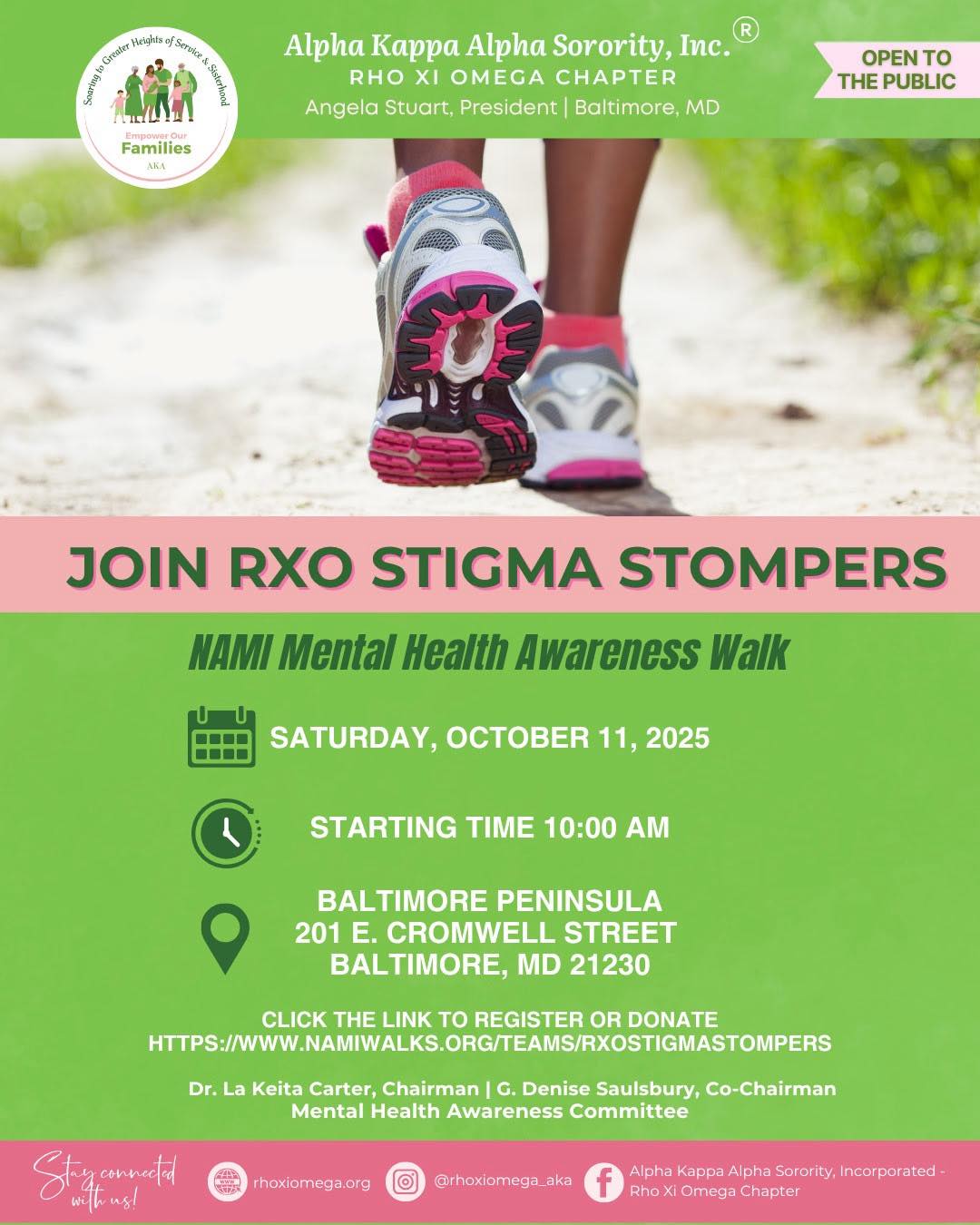 Join the ladies of Rho Xi Omega as we stomp out mental illness stigma one step at a time during the NAMI Walk on Saturday, October 11, 2025 @ 9am. Ways to support:
1) Walk with us
2) Donate to our team
3) Walk with us AND donate to our team
If you plan to walk with us, use the link below and select "Join Our Team."
If you plan to donate, use the link below and select "Support Us."
https://www.namiwalks.org/teams/rxostigmastompers