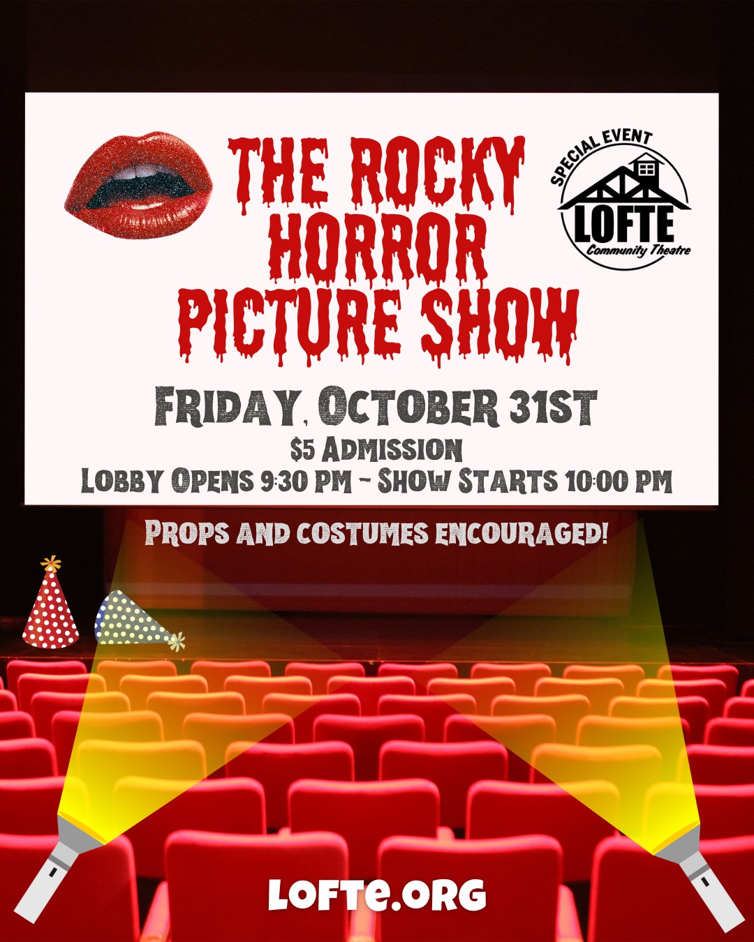 This Halloween night, The Lofte is excited to be hosting a showing of "The Rocky Horror Picture Show!" Don your costumes, grab your props, and join us for a night of fun and mayhem! Get tickets ahead of time at lofte.org/tickets Our lobby will open at 9:30 and the show starts at 10:00 pm. Concessions will be available with specialty cocktails. This event will be held immediately following the Murder Mystery Dinner Theatre (separate tickets will be needed for each event). You'll have such a good time - all the smiling will make your face ache!
Please note this movie is rated R. Please leave your throwing rice and water for simulated rain at home. Thank you for understanding.
.
.
.
.
.
#Lofte #TheLofte #BornInABarn #LofteTheater #CommunityTheater #CommunityTheatre #Volunteer #Nebraska #CassCounty #Lincoln #Omaha #WeepingWater #Manley #theatre #theater #specialevents #rockyhorrorpictureshow #rockyhorror #movienight #halloween2025