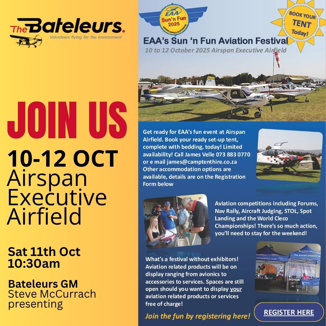 📢 Catch The Bateleurs at the EAA’s Sun ‘n Fun Aviation Festival this weekend.
Our GM, Steve McCurrach, will be presenting on The Bateleurs at 10:30am, Saturday 11 October
📍 Airspan Executive Airfield
🗓️ 10–12 October 2025
#EEA #FunandSun #TheBateleurs #FlyForConservation #EyesInTheSky #ConservationInAction