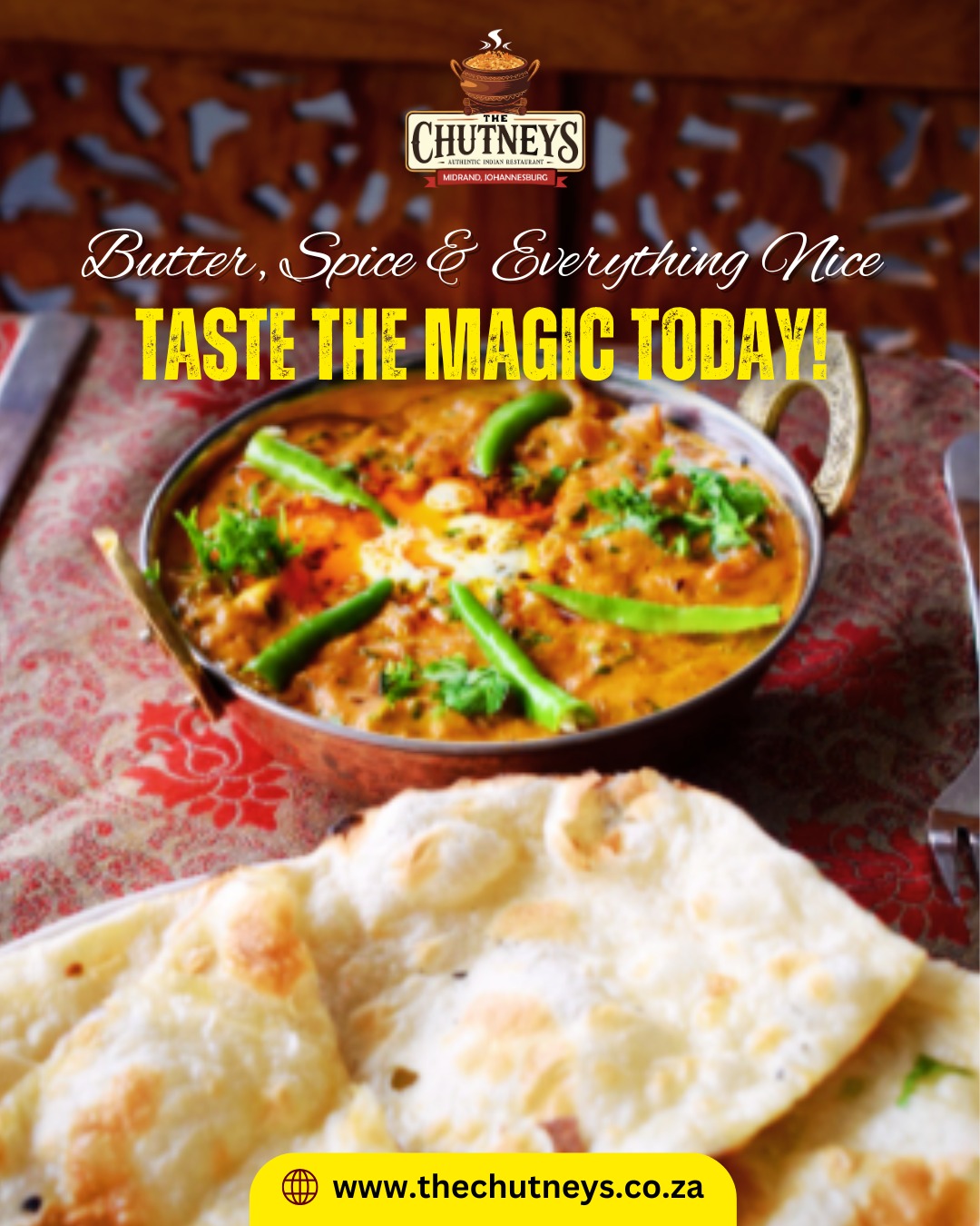 Butter, Spice & Everything Nice – Taste the Magic Today!
Dive into a plate full of rich flavors and aromatic spices! Our creamy, buttery curry paired with freshly baked naan is comfort food at its finest.
Whether you love a little heat or crave that melt-in-your-mouth texture, this dish has it all.
Fresh ingredients. Authentic taste. Pure indulgence.
Come and experience the magic of real Indian flavors made with love and served with warmth.
Follow us on social media for more info👇
Insta - @thechutneysrestaurant https://www.instagram.com/thechutneysrestaurant...
Fb - https://www.facebook.com/thechutneys
Web - https://www.thechutneys.co.za
#TheChutneys #AuthenticIndianCuisine #TasteOfIndia #FoodLoversParadise #IndianFoodie #FoodiesOfJohannesburg #MidrandEats #Naan #Curry