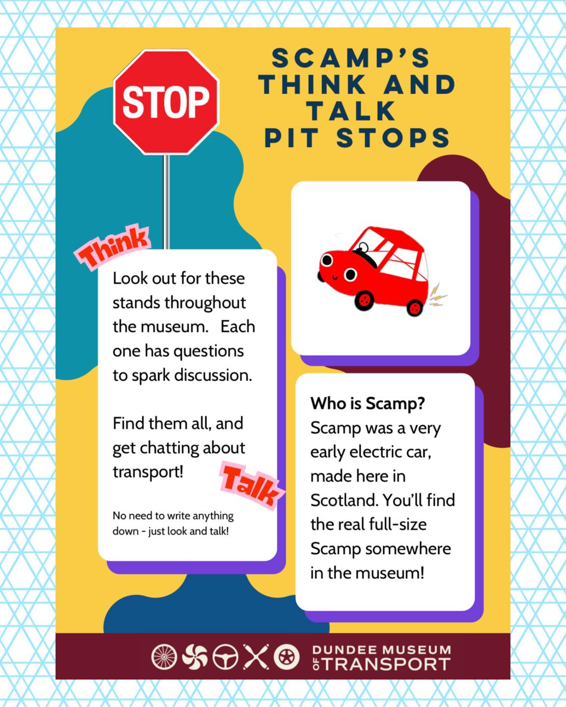 ❤️🚗 We’ve launched a brand-new activity trail around the museum for families this autumn – Scamp’s Think and Talk Pit Stops!
Each pit stop invites you to stop, look and chat about transport in a fun, relaxed way. There’s nothing to write down and no wrong answers – just time to explore, discover and blether together!
You’ll also find ideas for things to try at home during the holidays. And we’d love to see what you come up with – share your creations with us on social media and we’ll repost our favourites!
