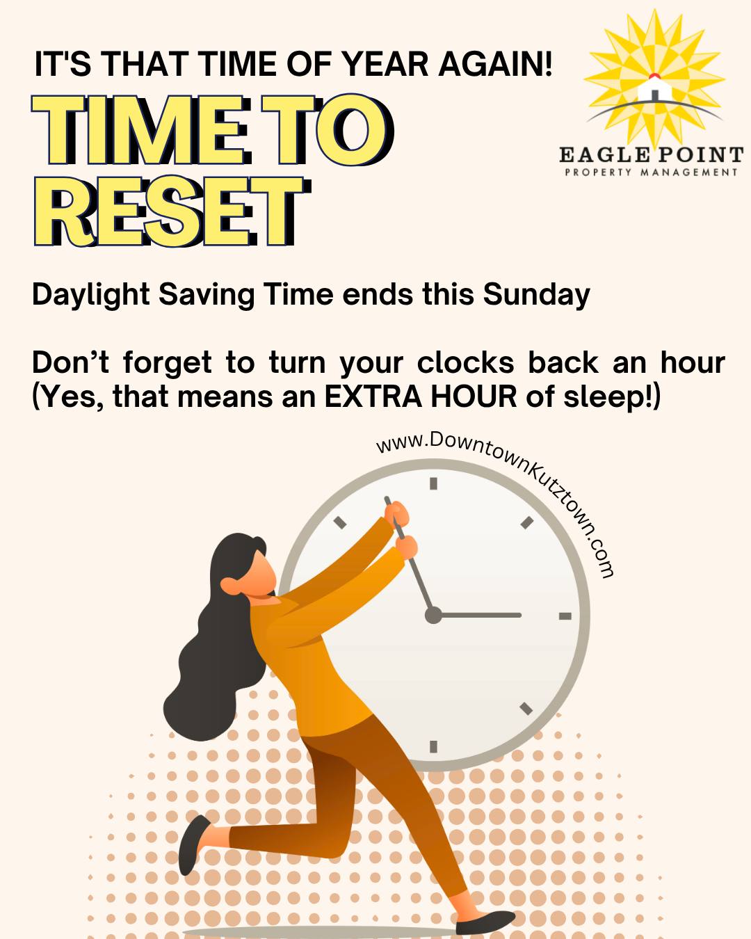 More sleep, less confusion—set your clocks back this weekend so you're not showing up an hour early anywhere. 🕰️😅 #eaglepoint #downtownkutztown #KU #goldenbears #kutztownuniversity #livehowyouwantto #EPPM #November #sleep #DaylightSaving