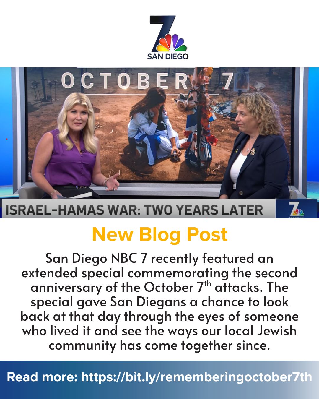 Two years after the attacks of October 7th, 2023, @nbcsandiego’s recent special shares stories of loss, resilience, and rising resolve. As we remember, we continue to pray for healing and for the return of the hostages still waiting to come home.
Check out our latest blog post featuring the NBC 7 special. 🎗️️
#BringThemHome #October7th