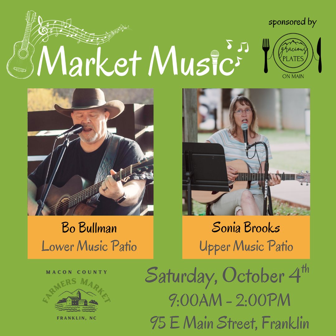 This Saturday, come enjoy performances on TWO music patios at the farmers market, featuring Bo Bullman on the lower patio and Sonia Brooks on the upper patio. It's going to be so much fun! 😎🙌
Town Hall
95 E Main Street, Franklin
Market music is sponsored by Gracious Plates on Main - the best farm to table dining experience in Western North Carolina 🙌
.
.
#farmersmarketfranklinnc #wncfarmtotable #appalachianproduce #appalachianfarm #maconcountyfarmersmarket #franklinnccha… See more