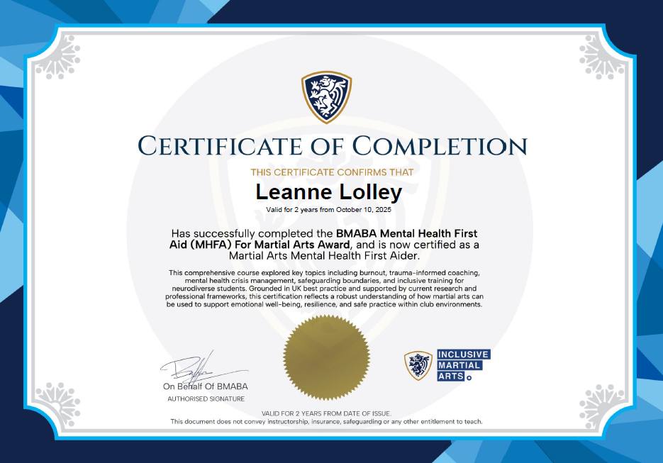 💚🌍 World Mental Health Day | #WorldMentalHealthDay #SovereignTKD
Today at Sovereign Taekwondo, we’re marking World Mental Health Day by celebrating a small but important step forward.
Mrs Lolley has completed the Mental Health First Aid (MHFA) for Martial Arts course — a programme provided through our TCUK membership in partnership with BMABA.
This in-depth, CPD-accredited course explores how we, as instructors, can better understand and support student mental health, recognise signs of burnout or distress, and create a positive, inclusive environment for everyone who trains with us.
Over the next few weeks, Mr Lolley, Mr Littleworth, and Mrs Doyle will also be completing their MHFA training, ensuring our club continues to prioritise both physical and mental well-being.
Having access to this training is a great benefit of being part of Taekwondo Council UK, and we’re proud to see how martial arts can make a real difference — not just for fitness, but for life.
#WorldMentalHealthDay #MentalHealthAwareness #SovereignTKD #TCUK #BMABA #MHFA #MartialArts #Wellbeing #Resilience #Taekwondo