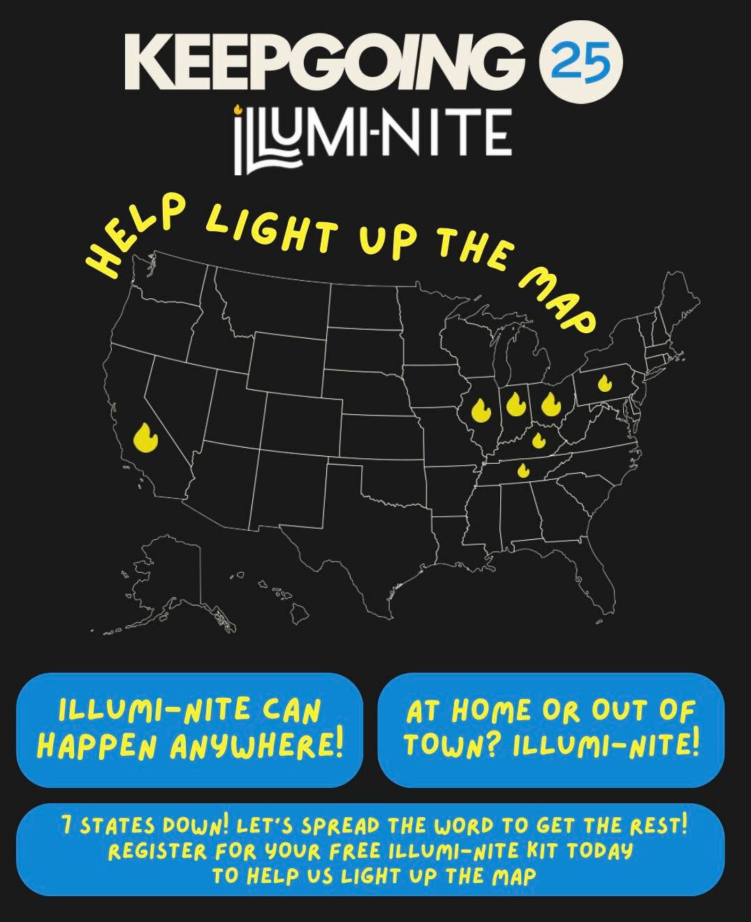 Not from Cincinnati? Out of town on December 7th? Have a friend who lives far away?
Good news - ILLUMI-NITE can happen anywhere! 🌟
We’ll ship a FREE luminary kit right to your door so you can join ILLUMI-NITE from wherever you are. Our goal is to have at least one participant in every state— help us light up the map!
👉 Register for your free ILLUMI-NITE kit at keepgoing25.org