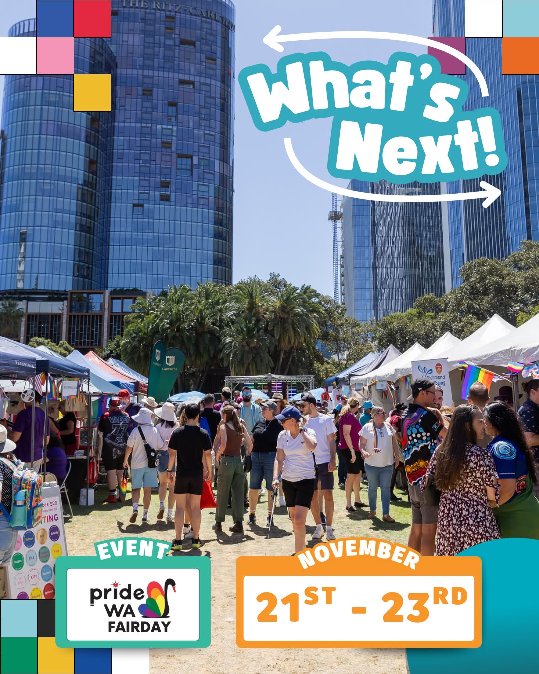 What’s Next! 🌈
We’re wrapping up the event season — but not before one of the biggest celebrations of the year!
Pride WA’s PrideFEST is back, and we’re thrilled to be lending a hand once again. 🙌
Catch us from 21–23 November, supporting both Fairday and Club Day — two of the most vibrant and joy-filled days on the calendar!
Bring it on! 💥
@pride_wa