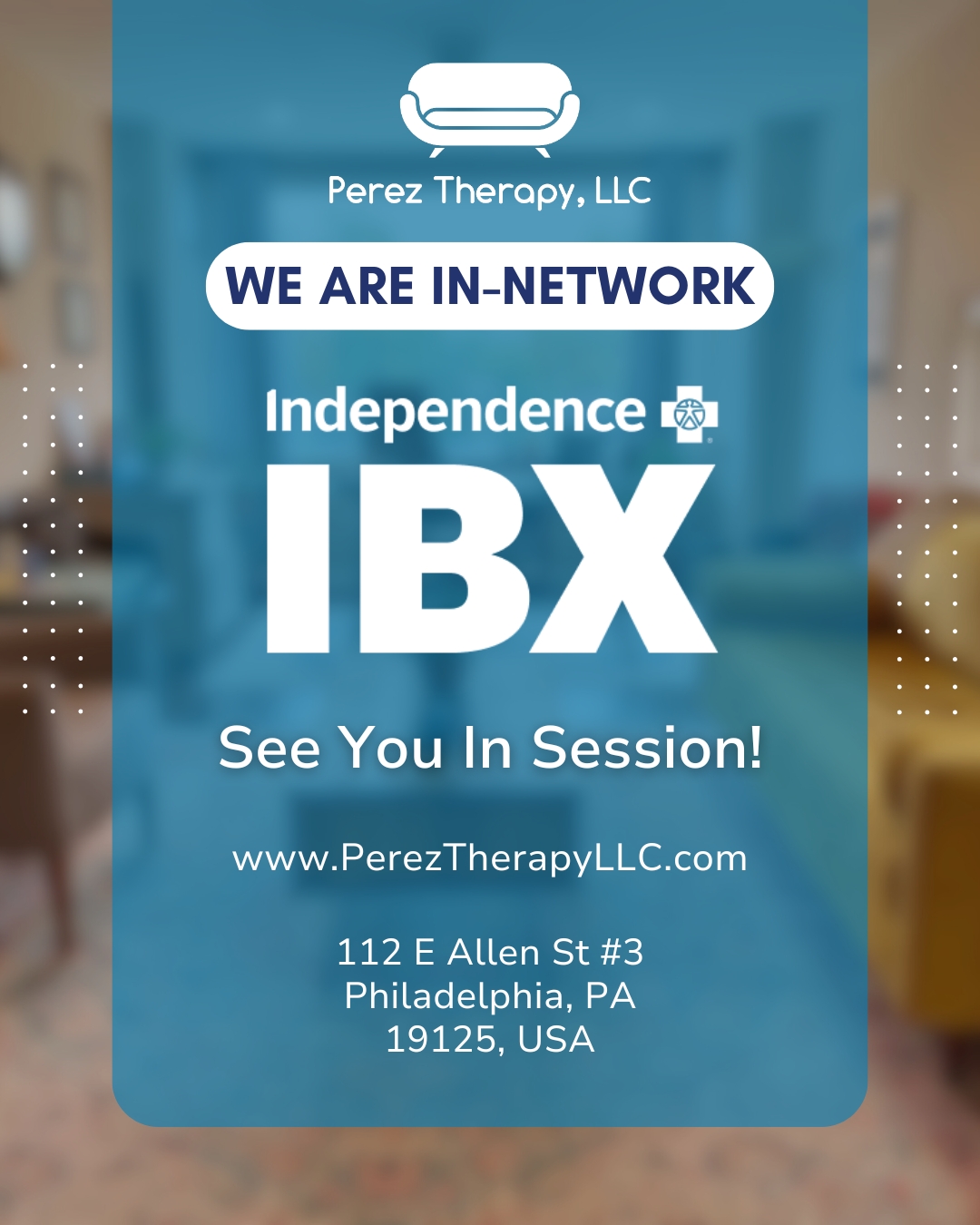 Great news! 🎉
Perez Therapy, LLC is now in-network with Independence Blue Cross 💙✨ Making quality mental health care more accessible to our community.
If you’ve been waiting to start therapy or continue your journey with us, this is the perfect time. 💭
#MentalHealthMatters #TherapyForAll #IBX #InNetworkCare #AccessibleTherapy #PerezTherapyLLC