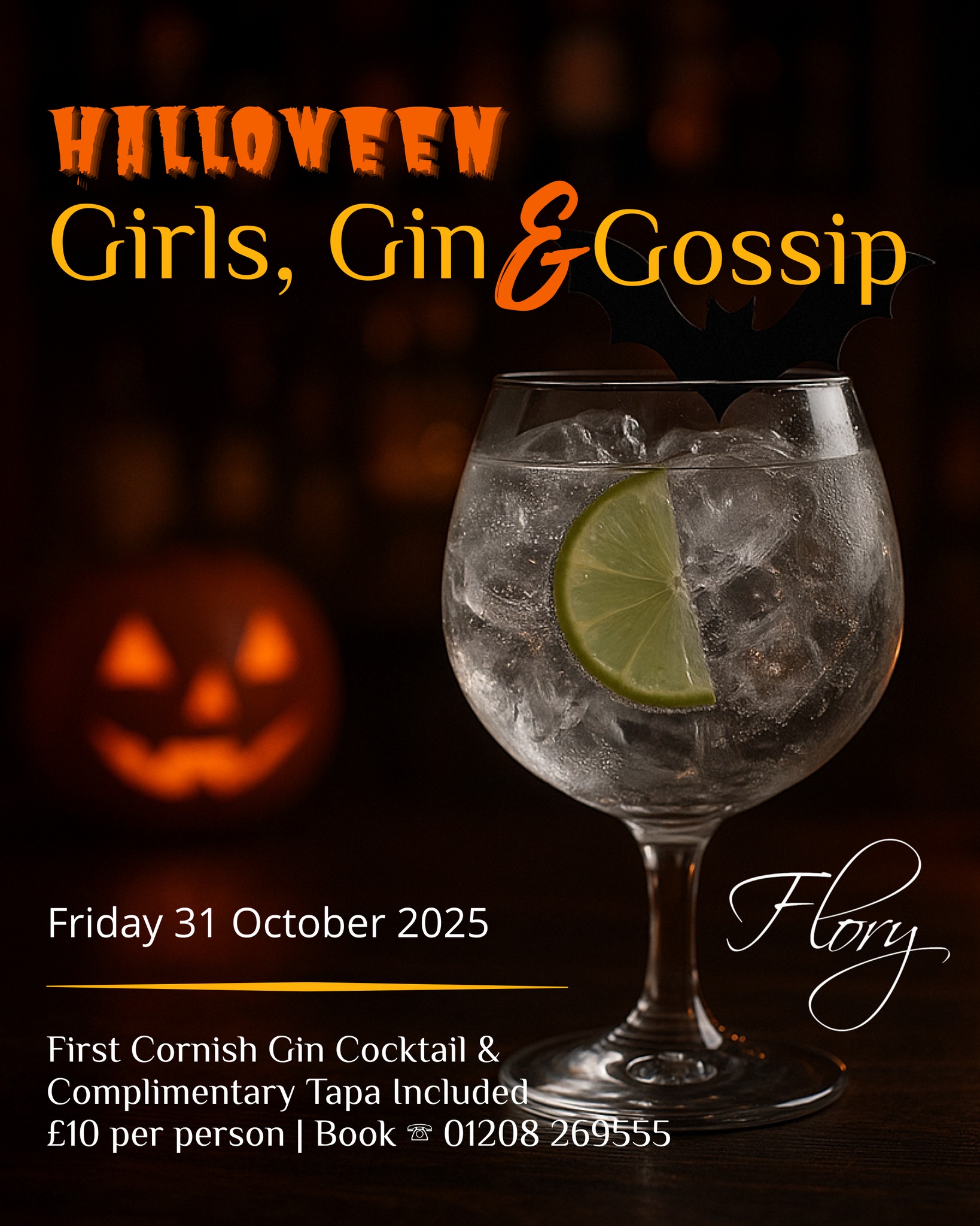 👻✨ Girls, Gin & Gossip – Halloween Edition! ✨👻
Get the gang together and join us at the Flory Cocktail Bar, Bodmin from 7pm next Friday (31st October) for a night of spooky fun, laughter & cocktails! 🍸💃
🎟️ £10 per person — includes your first gin-based cocktail and a complimentary tapa.
📞 Book now on 01208 269555 — limited spaces, so don’t miss out!
#HalloweenVibes #GirlsNightOut #Cornwall #Cocktails #Bodmin
