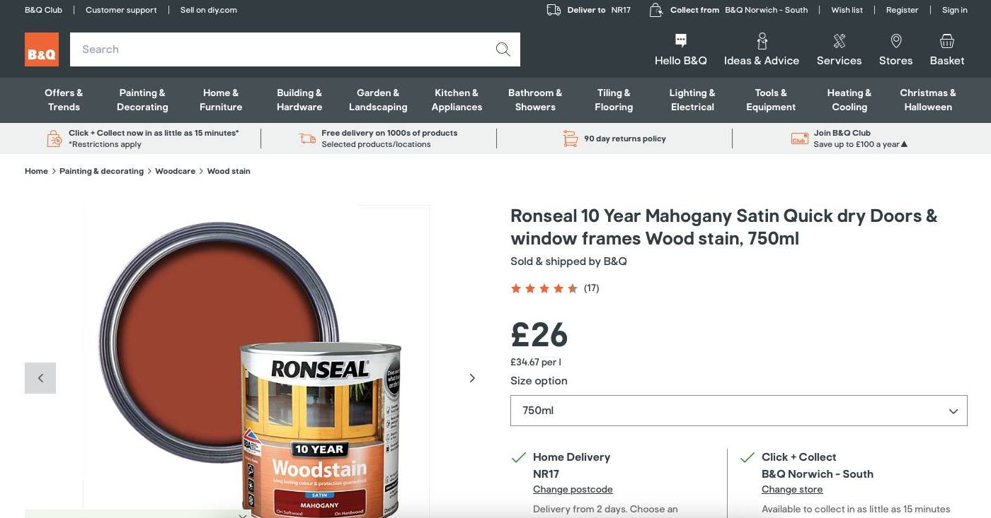 It's comparison time again; Ronseal 10 year wood stain 750ml; exactly the same product, 2 different prices. (Price comparison date: 14/10/2025)
Our price currently: £21.99
https://www.ccclements.uk/product-page/ronseal-10-year-woodstain
B&Q's price currently: £26.99
https://www.diy.com/departments/ronseal-10-year-mahogany-satin-quick-dry-doors-window-frames-wood-stain-750ml/5010214886746_BQ.prd
#ccclements #clements #ronseal #ronseal10yearwoodstain #BandQ #DIY #pricecomparison #visitwymondham #wymondham #clementsandsons #woodstain