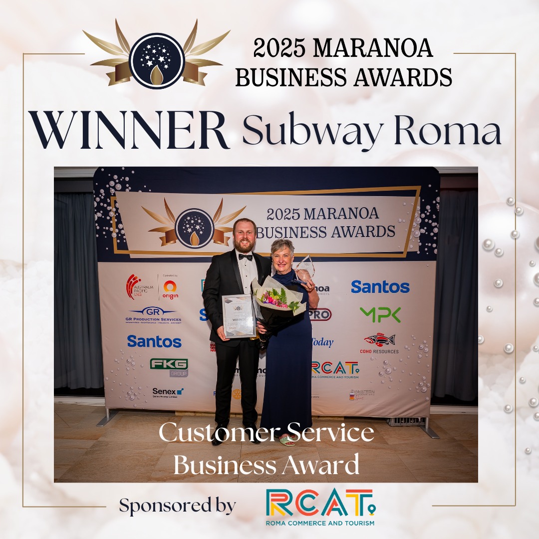 Congratulations to Subway Roma, winner of the Customer Service Business Award at the 2025 Maranoa Business Awards.
RCAT extends its sincere congratulations to Subway Roma for their outstanding dedication to excellence in customer service.
#MaranoaBusinessAwards #RCAT #CelebratingLocalBusiness #CustomerServiceExcellence