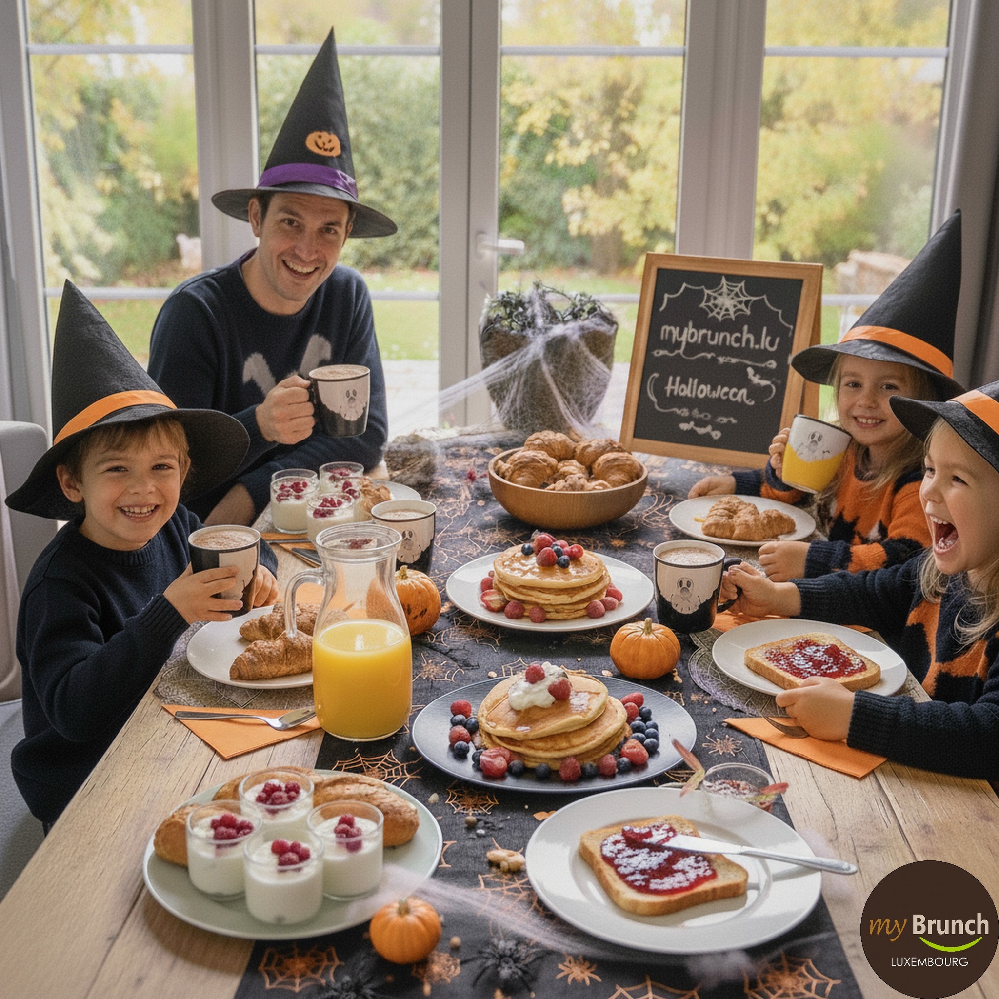 Quel meilleur moyen de célébrer Halloween qu'avec un délicieux brunch en famille ? 🧡 Nos petits sorciers ont adoré les pancakes et le chocolat chaud, pendant que les grands savouraient le café et le saumon fumé. Tout le nécessaire pour un moment mémorable, signé mybrunch.lu ! Découvrez nos formules pour vos prochains moments gourmands ! #mybrunchlu #Halloween #BrunchEnFamille #Gourmandise #MomentPartage