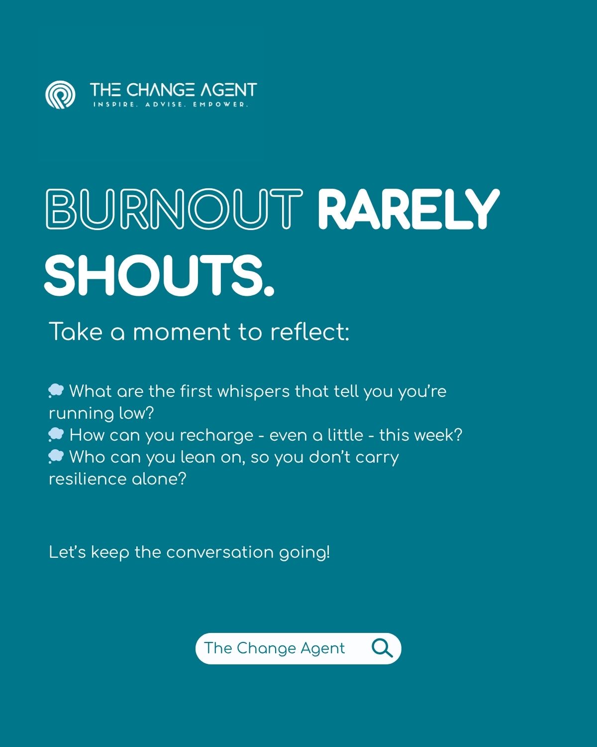Burnout rarely shouts - it whispers.
It shows up quietly in tired thoughts, heavy shoulders, shorter tempers.
Resilience isn’t about pushing through; it’s about noticing those whispers early and taking small, intentional steps to restore our energy - mentally, physically, and emotionally.
Last week, during a session at DFK Malta, we explored how resilience can be built through awareness, daily recharging, and meaningful connection - not as a fixed trait, but as a lifelong practice.
Today’s a good day to pause and ask:
💭 What are your early signs that you’re running low?
💭 How can you recharge - even a little - this week?
💭 Who can you lean on, so you don’t carry resilience alone?
Sometimes caring for our mental health starts with simply listening more closely. 🌱
Looking for more support for you and your team? Get in touch with The Change Agent to book a consultation.
www.thechangeagent.eu
#WorldMentalHealthDay #TheChangeAgent #DFKMalta #Resilience #Wellbeing #Leadership #Mindfulness