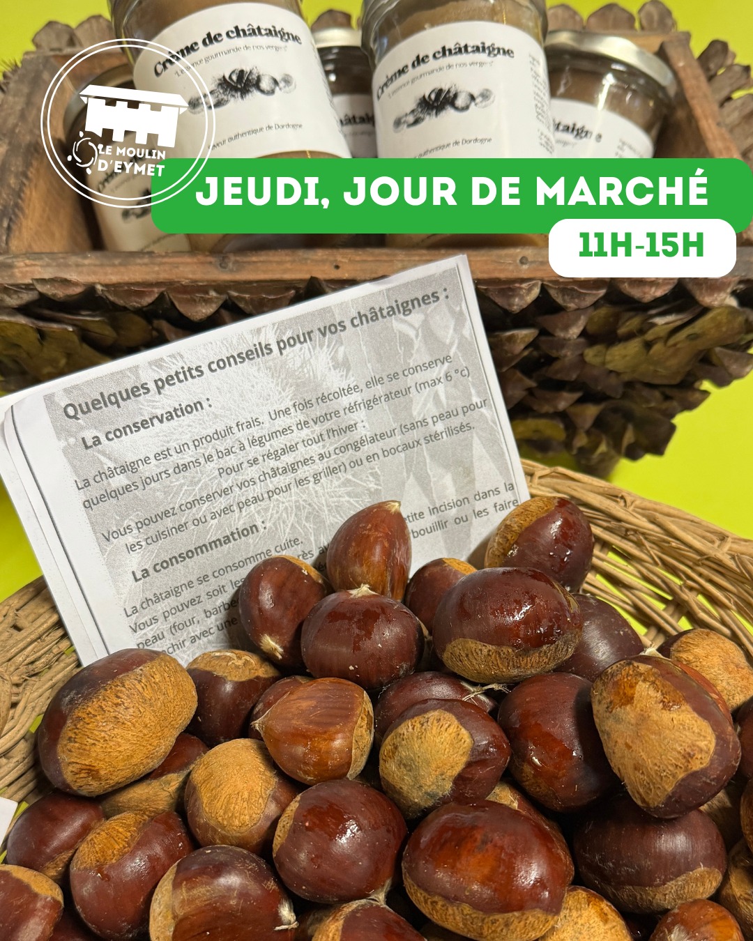 Les chùtaignes fraiches sont arrivées !
Cueillies avec soin par Sébastien Escoubeyrou dans la chùtaigneraie familiale. Vous pouvez aussi les acheter sous forme de crÚme de chùtaignes !