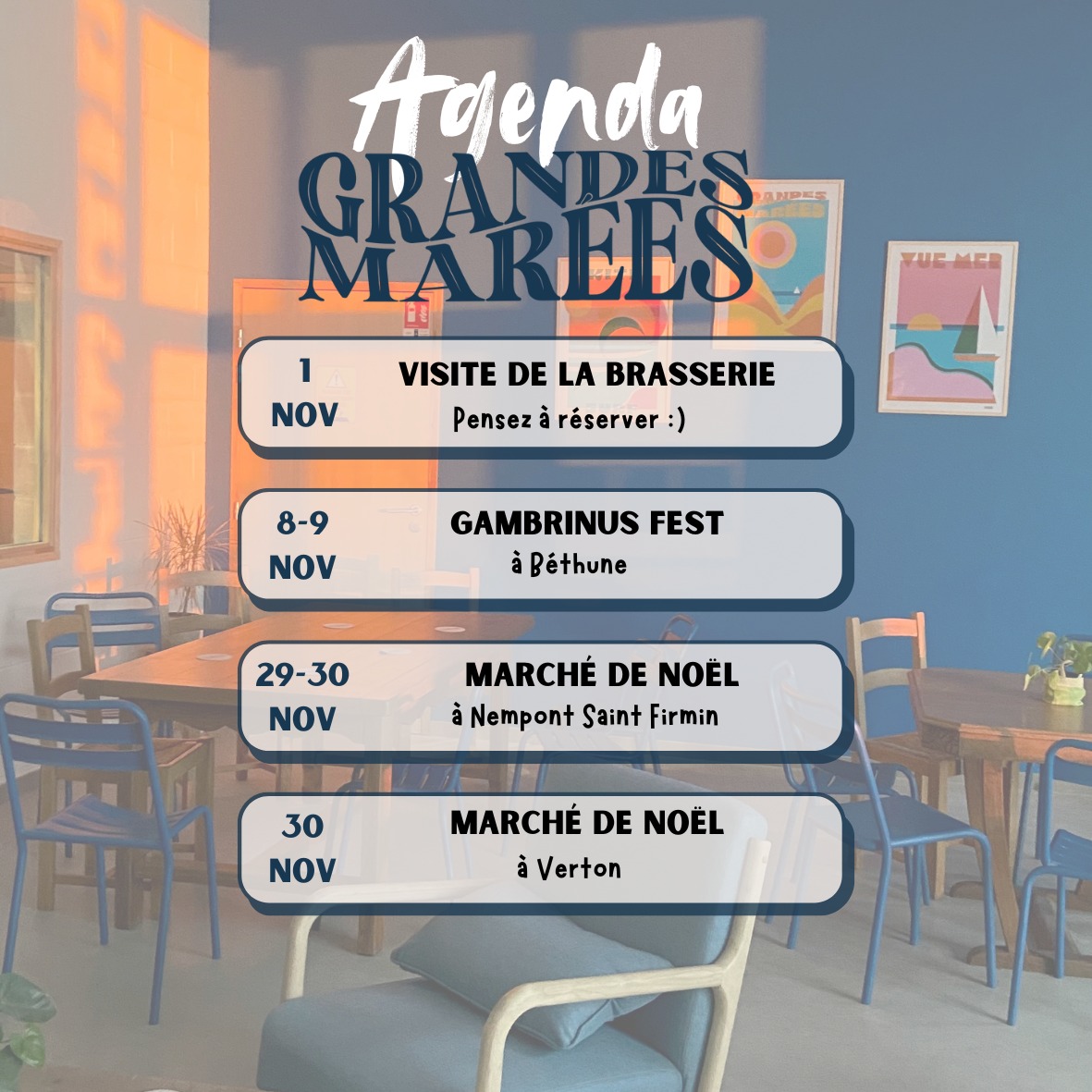🌊 Agenda du mois de Novembre 🌊
🍺 Le 1er Novembre : Visite mensuelle de la brasserie 🍺
Venez découvrir les coulisses de la brasserie ! Rdv à 11h, pensez à réserver via nos réseaux sociaux, par mail (contact@brasseriegrandesmarees.fr) ou par téléphone au 0391891377 📞
🍻 Le 8 et 9 Novembre : Gambrinus Fest 🍻
Retrouvez nous au Gambrinus Fest à Béthune où nous présenterons notre brassin d'hiver avec d'autres brasseurs de la Région
Plus d"infos ici : https://www.facebook.com/events/1492360918553133/
🎅 Le 29 et 30 Novembre : Marché de Noël de Nempont Saint Firmin ❄
Rdv dans la cour de l'école de Nempont-St-Firmin pour réaliser vos achats de Noël 🎁
🎅 Le 30 Novembre : Marché de Noël de Verton ❄
Rdv à la salle des sports pour réaliser vos achats de Noël 😉🎁
⚠ La brasserie sera exceptionnellement fermée du 8 au 11 novembre ⚠
#tourismebrassicole #agenda #visite #brasseriegrandesmarees #beerlover #brasserieartisanale #craftbeer #gambrinusfest #marchedenoel