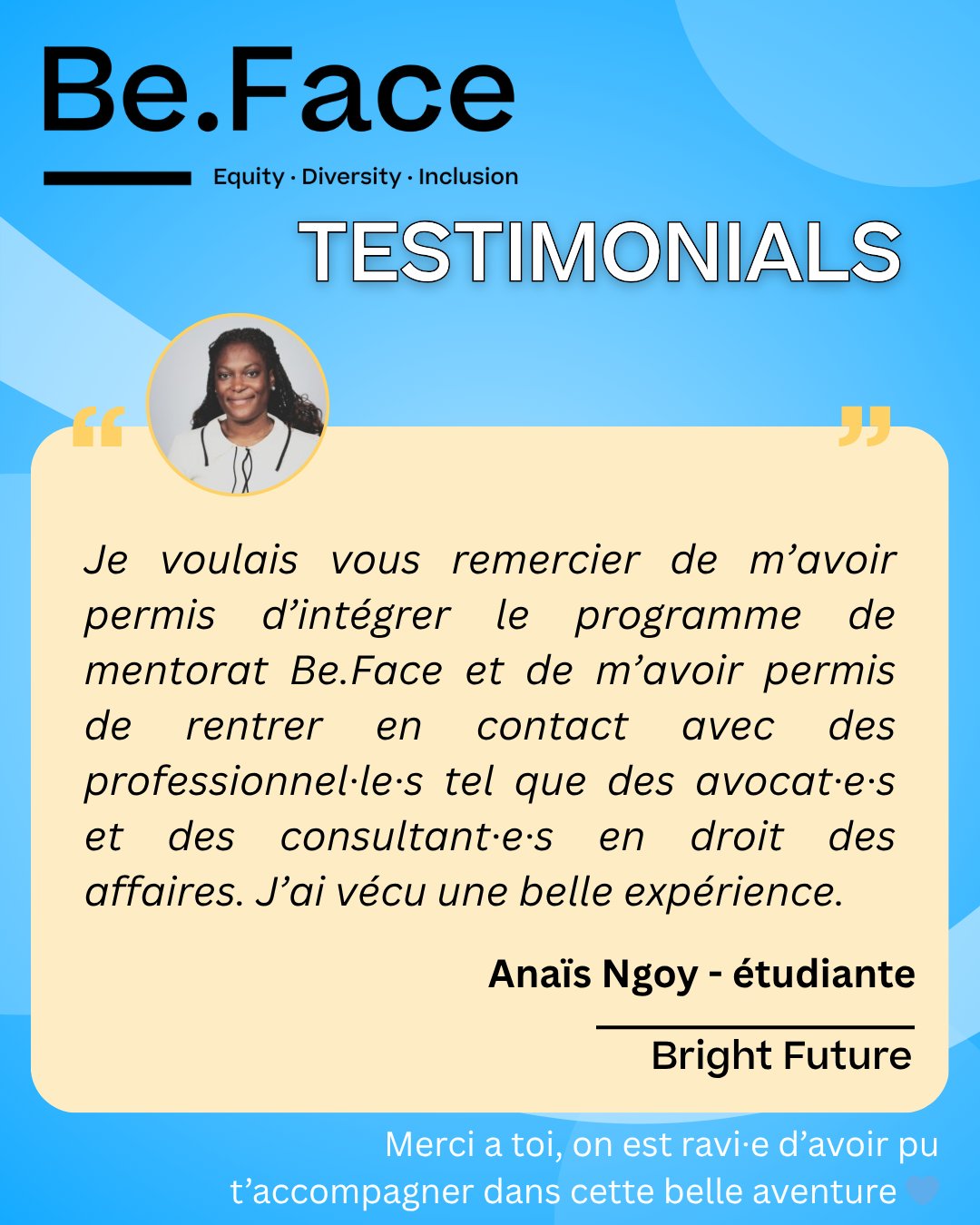 ✨ Quelques témoignages qui donnent le sourire ✨
À travers le programme de mentorat Be.Face, des dizaines de duos ont partagé bien plus que des conseils : de l’écoute, du soutien, et de belles réussites. 💬🤝
Swipez pour découvrir quelques témoignages touchants de mentors et mentees qui ont grandi ensemble, chacun à leur manière. 🌱📈
Merci à toutes celles et ceux qui rendent cette aventure humaine possible. 🫶
#BeFace #Mentorat #Témoignages #Partage #Réussite #Inspiration #Mentor #Mentee #Entraide #ImpactPositif #review #testimonial #feedback #happy #love #like #smile #grateful