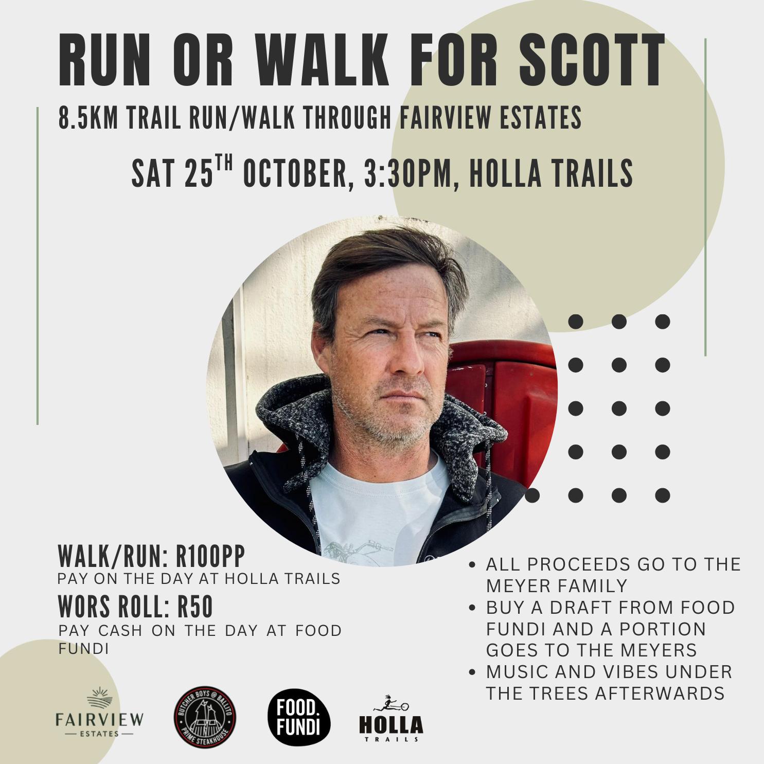 For those of you in the community who know the Meyer family, you'll know about the journey they are on with Scott's recovery.
Please join us for a special community run/walk fundraiser to help support them!
โ
๐
Saturday, 25 October 2025โ
๐ 3:30pm registration, run/walk leaves at 4:00pmโ
โ
Meet at @holla_trails, @sugarrushkzn to get your race entry.โ
R100 per runner/walker โ pay on arrival at the Holla cashier (bands required for access).โ
โ
R50 boerie rolls after the run โ pay cash at the braai area.โ
All proceeds go directly to the Meyer family.โ
โ
๐ Huge thanks to our sponsors:โ
* Holla Trails โ full entry goes to the Meyersโ
* @food.fundi & @butcherboysgrill (Ballito branch) โ boerie rolls proceeds to the Meyersโ
* Food Fundi โ draft specials (portion to the Meyers)โ
* @fairviewestatesballito for opening their trails to this eventโ
๐ถ Stay after for music and fun under the trees at Food Fundi. Barmen on duty, draft specials available. โ
โ
๐ Please register and pre-order your boerie rolls for catering:โ
๐ Head to @holla_trails Instagram for the link in their bio.
โ
๐ Thank you to everyone volunteering at the Fairview gates. Letโs make this a fantastic afternoon for Scott and his family!