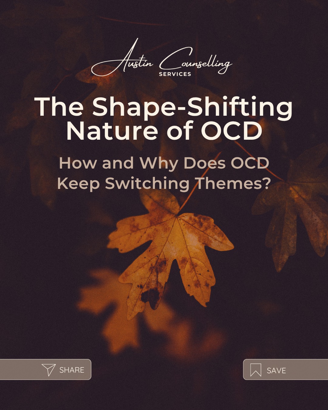✨ The Shape-Shifting Nature of OCD ✨
Why does OCD keep switching themes?
OCD is sneaky. Just when you feel like you’ve gotten a handle on one fear, it seems to find a new angle.
Here’s why:
👉 OCD craves certainty.
Many people with OCD care deeply about doing the right thing, protecting others, and preventing harm. Those qualities reflect compassion, not weakness. But OCD can twist those qualities into overwhelming doubt, guilt, and the urge to “fix” everything.
👉 The trap of over-responsibility.
OCD convinces you that you’re responsible for preventing every possible mistake, disaster, or harm… even when it’s completely out of your control.
👉 OCD latches onto what matters most.
Your values, your fears, your relationships, your identity. As those grow and change, OCD adapts too.
It’s like having a shape-shifting bully: when one fear stops working, it moves to another. That’s why so many people say, “I finally got a handle on it… and then BAM—it’s something new. Will I ever get a break?”
Understanding this pattern is the first step toward breaking free from its grip.
