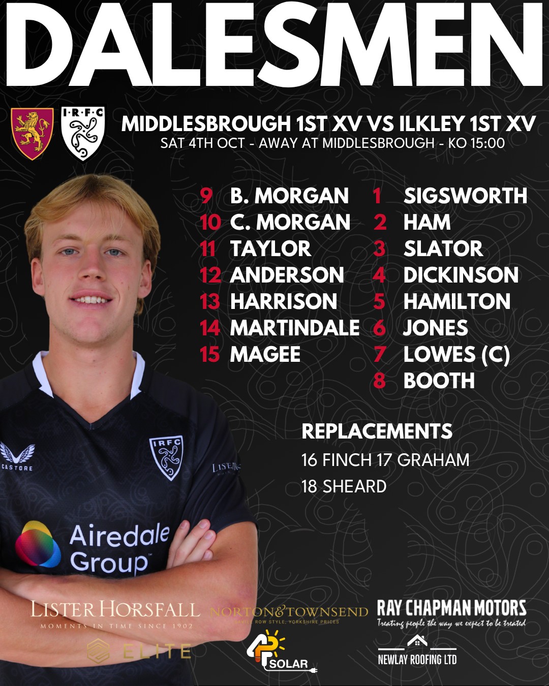 Your Dalesmen for this weekend!
We're excited to share that our 2nd XV have secured a game against Keighley. Our 1st XV travel to Middlesbrough for their game with both matches kicking off at 15:00.
Don't forget to tune in to live commentary of the 1st XV match with Dobby on @drystone_radio online at drystoneradio.com or on 102.5-103fm.
Good luck to both teams!
Saturday 4th October
Middlesbrough 1st XV vs Ilkley 1st XV - Away at Middlesbrough - KO 15:00
Keighley 2nd XV vs Ilkley 2nd XV - Away at Keighley - KO 15:00
#uptheilk #irfc #ilkley #100percentilk #COYD #rugby #ilkleyrugbyclub