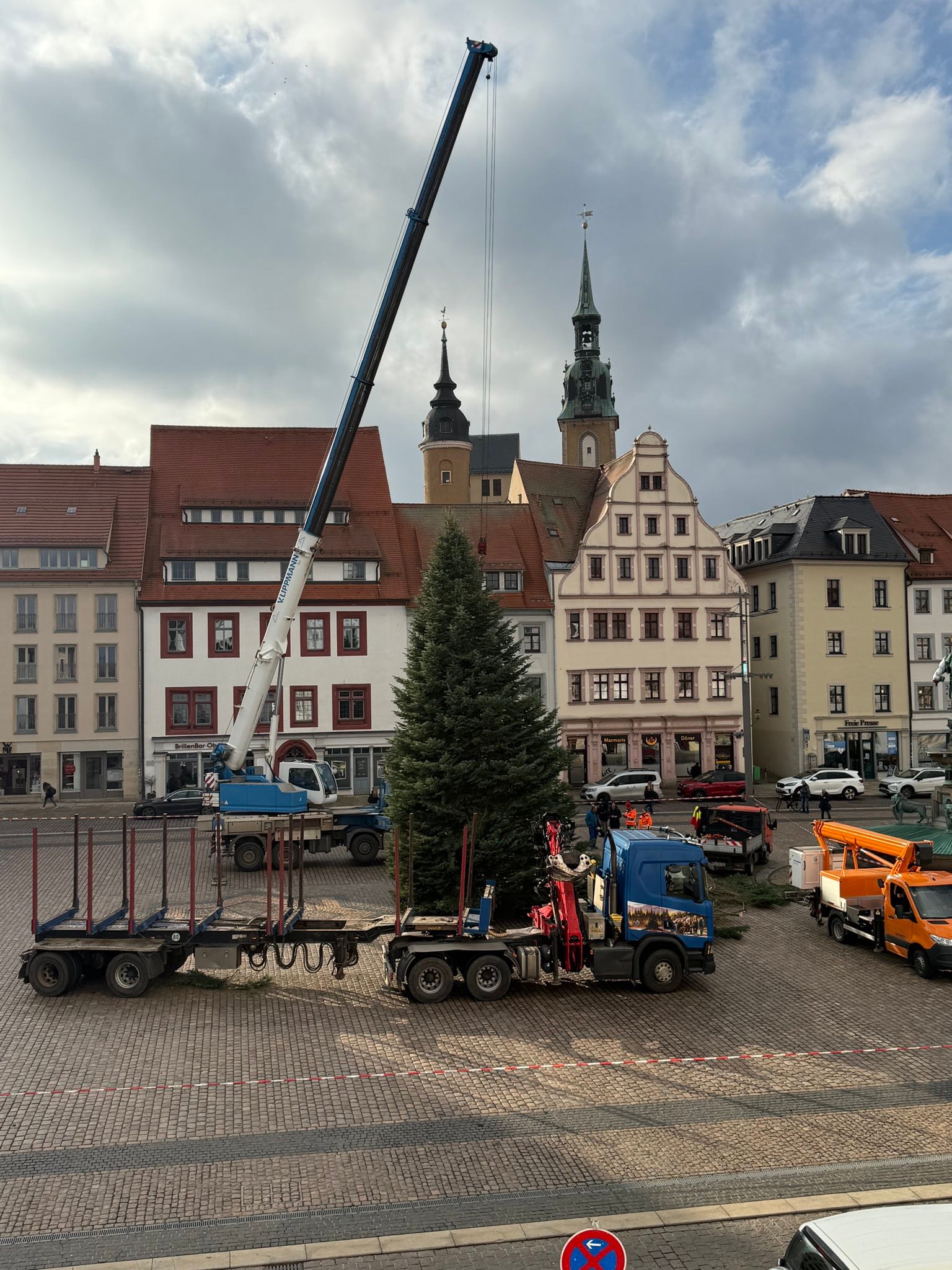 🌲Die Vorfreude wächst: Unser Christbaum für den 34. Freiberger Christmarkt ist angekommen.
Eine prächtige Coloradotanne mit einem Gewicht von rund 2,8 Tonnen und einer Höhe von etwa 15 Metern ziert nun unseren Platz. Der Baum ist ca. 34 Jahre alt – genau so alt wie der Christmarkt selbst – und steht damit sinnbildlich für unsere lange und schöne Tradition.
Gespendet wurde die Tanne, weil sie an ihrem bisherigen Standort in Dittmannsdorf zu nah an Garagen stand und weichen musste. Nach einem Spezialtransport steht sie bei uns und ziert den Obermarkt. Danke an alle Beteiligen. Nun wird er noch mit ca. 2.500 LED-Lichtern geschmückt.
Morgen rollen bereits die ersten größeren Christmarkt-Hütten an, am Freitag werden die Pyramide und die Bühne aufgebaut. Dann ist er bereit, den Christmarkt ab 25. November in warmes, stimmungsvolles Licht zu tauchen. Ich freu mich schon darauf.🎄✨
