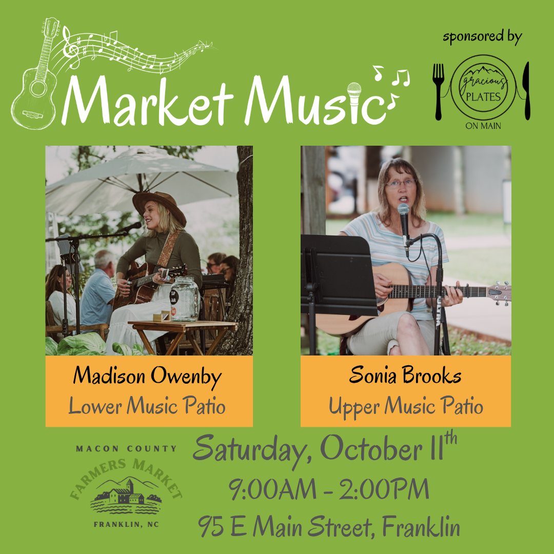 This Saturday, come enjoy performances on TWO music patios at the farmers market, featuring Madison Owenby on the lower patio and Sonia Brooks on the upper patio. It's going to be so much fun! 😎🙌
Town Hall
95 E Main Street, Franklin
Market music is sponsored by Gracious Plates on Main - the best farm to table dining experience in Western North Carolina 🙌
.
.
#farmersmarketfranklinnc #wncfarmtotable #appalachianproduce #appalachianfarm #maconcountyfarmersmarket #franklinncchamber #franklinnc #franklinncfarmersmarket #experiencefranklinnc