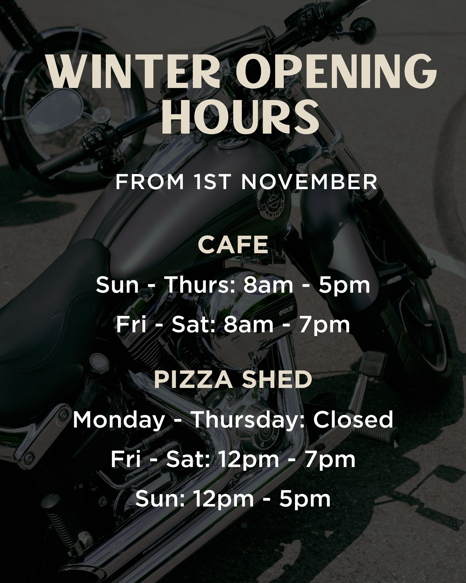 Our Winter opening hours commence from THIS Saturday 1st November 🤘
#winter #rykas #rykasboxhill #surrey #boxhillbikers