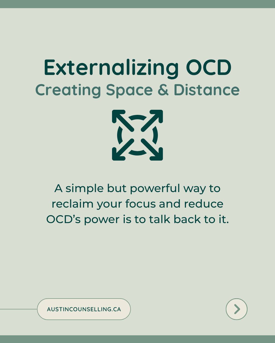 Externalizing OCD: Creating Space and Distance
Externalizing OCD - By labelling the thought as “OCD” instead of “me,” clients practice separating themselves from the disorder.
Instead of “I’m a bad person for thinking this,” it becomes “OCD is throwing this thought at me again.”
This reduces shame and helps clients see the disorder as the source of the intrusions, not their core self.
Normalizing Repetition - OCD repeats fears endlessly. These statements highlight that predictability.
When a client says, “I’ve seen this trick before,” they start to recognize the thought as a symptom pattern rather than a meaningful alarm.
That recognition takes power away from the obsession.