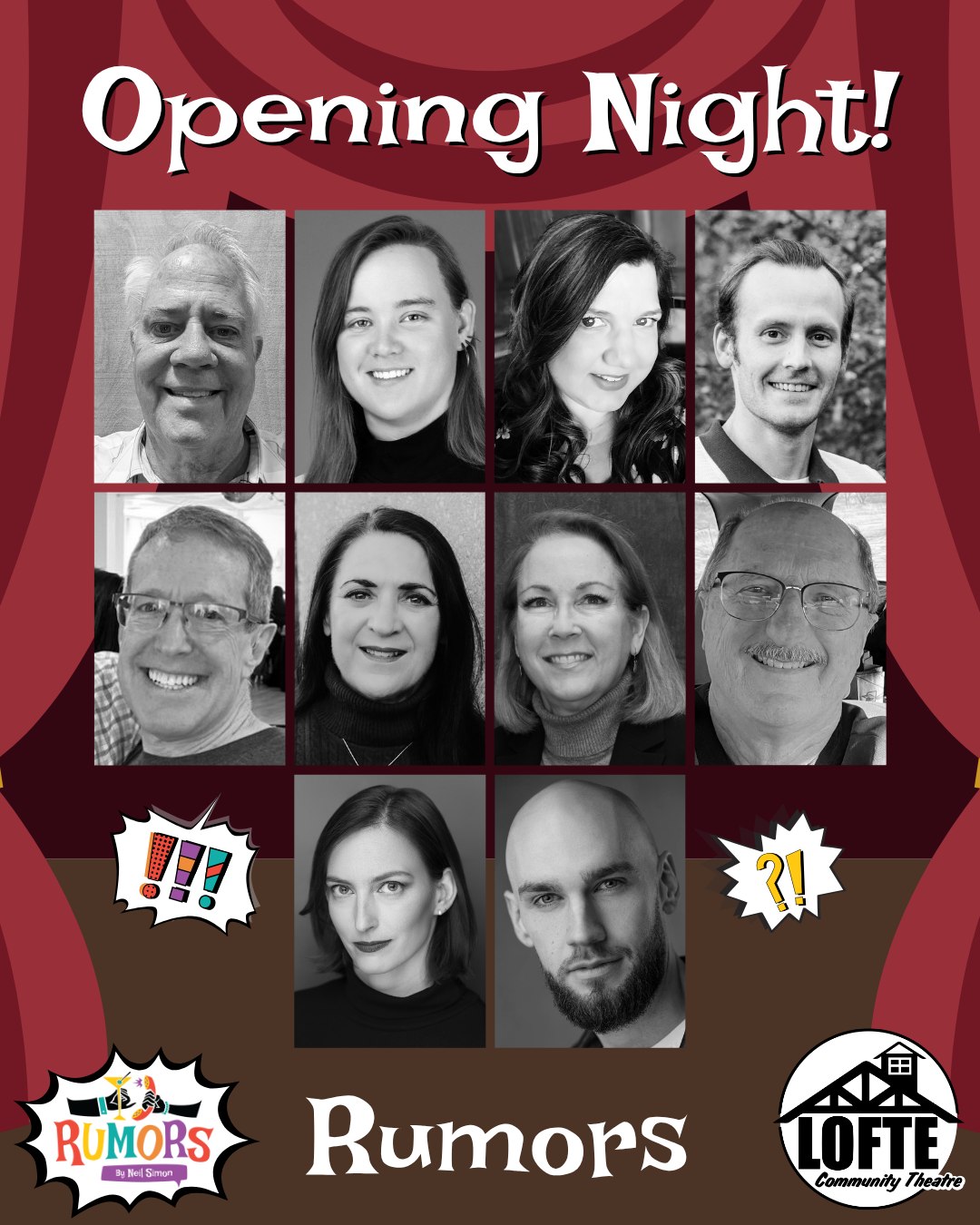 Tonight is the opening night of "Rumors!" We want to say a big thank you to our cast who have worked tirelessly on this production for months and have been honing their comedy chops all for tonight! We'd also like to give a big shout out to the crew as well, who worked on every detail of this production, from props to costumes, lights, sound, and of course, the set! Get your tickets now - you won't want to miss this hilarious show! Performances are October 17, 18, 19, 23, 24, 25, 26. Tickets are available at lofte.org/tickets or by calling the box office at 402-234-2553. Shows start at 7:00 on Thursdays, Fridays, and Saturdays, and 2:00 on Sundays. The concession stand will open 1 hour before the show starts, and the house will be open for seating at this time as well.
More about Rumors: A wedding anniversary party is being held for Charley Brock, the Deputy Mayor of New York, and his wife, Myra. Ken Gorman, a lawyer, and his wife, Chris, are the first to arrive at the party and first to discover Charley with a flesh wound, who now lies bleeding in another room. Myra is nowhere to be seen. Charley’s self-inflicted bullet injury sets off a series of events, causing his guests to scramble to get “the story” straight before the authorities arrive. As the confusion and miscommunications mount, the evening spins off into classic farcical hilarity. We suggest PG-13
.
.
.
.
.
#Lofte #TheLofte #BornInABarn #LofteTheater #CommunityTheater #CommunityTheatre #Volunteer #Nebraska #CassCounty #Lincoln #Omaha #WeepingWater #Manley #theatre #theater #live #livetheater #livetheatre #localtheater #localtheatre #comedy #rumors #neilsimon #play