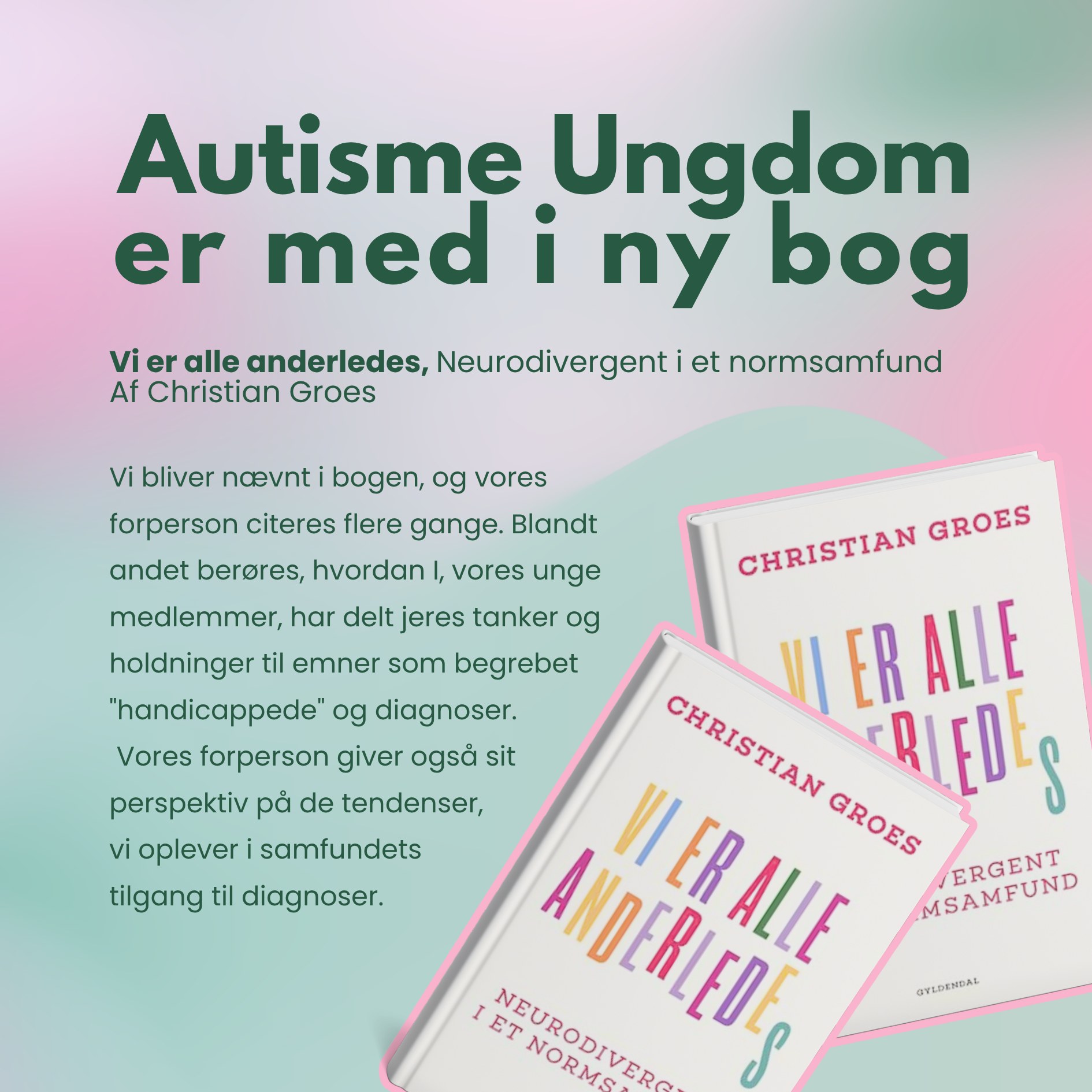 Kom og fejre udgivelsen af bogen, der udfordrer idéen om normale og unormale hjerner, og som viser, hvordan vi kan værdsætte neurodiversitet og skabe et mere inkluderende samfund.🥳
Bogreception i Aarhus, tirsdag d. 28 oktober kl. 16-18, for den nye bog "Vi er alle anderledes" af forfatter og antropolog Christian Groes. (Bogen udkommer d. 23 okt. på Gyldendal.)
Det er ganske gratis, og arrangementet finder sted hos @paradigmeskiftetdk i Aarhus med oplæg fra Thea Enevoldsen (Forperson Autisme Ungdom) og Steffen Rasmussen (Paradigmeskiftet, Center For Social Nytænkning).
Vi sørger for kage, kaffe, oplæg, åben samtale og muligheden for at købe et signeret eksemplar med hjem, og møde forfatter Christian Groes.
#ViErAlleAnderledes #Neurodiversitet #Mangfoldighed #Inklusion #ForskellighedErStyrke #Autisme #ADHD #Bogreception #Boglancering #ChristianGroes #Paradigmeskiftet #AarhusEvent #BøgerDerInspirerer #autismeungdom