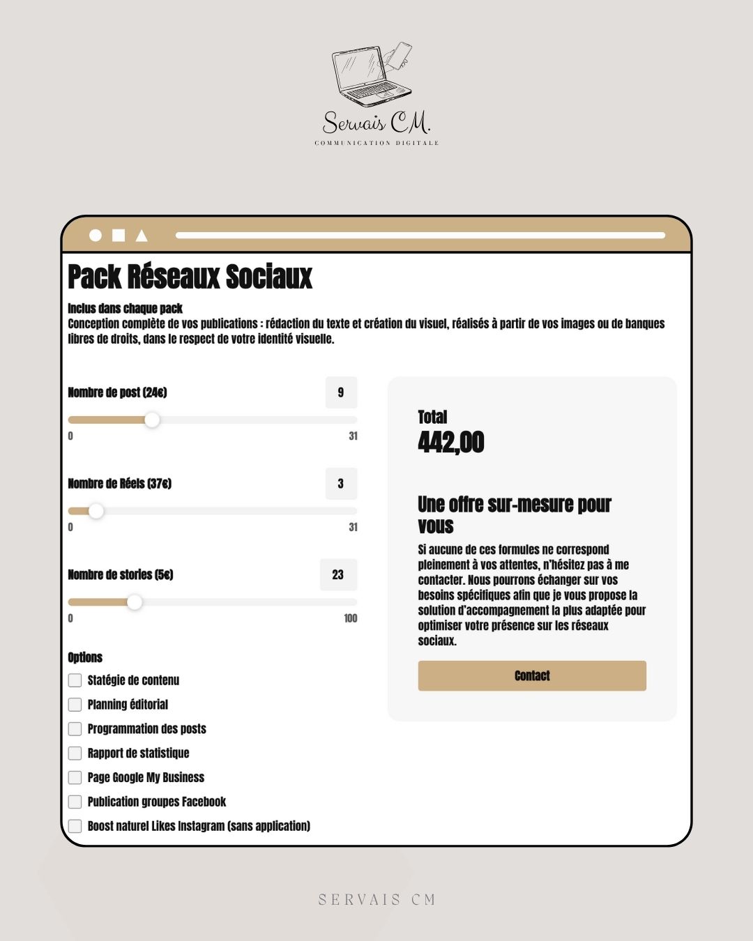 🎯 Découvrez nos Packs Réseaux Sociaux ! 🎯
Confiez-nous la gestion de vos publications et gagnez en cohérence, visibilité et impact sur vos réseaux ✨
Chaque pack inclut :
🖋️ Rédaction sur mesure de vos textes
🎨 Création de visuels personnalisés (à partir de vos images ou de banques libres de droits)
💡 Le tout dans le respect de votre identité visuelle
📱 Une offre 100% sur mesure pour des contenus qui reflètent parfaitement votre marque !
#RéseauxSociaux #CommunityManagement #DesignGraphique #CommunicationDigitale #ServaisCM #CréationDeContenu #StratégieDigitale