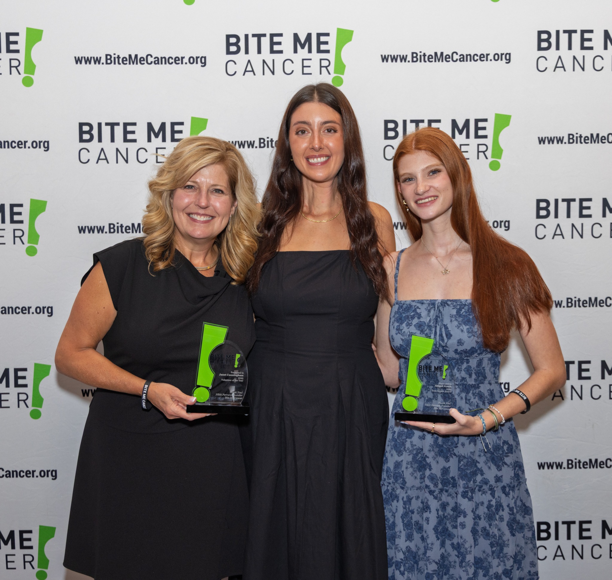 Nikki is with our 2 award winners who were presented with their awards at our recent wine dinner. @janetgoda was given our Volunteer of the Year Award. @abrk278 was given our first Teen Impact Award! Their speeches can be found on our YouTube channel at BiteMeCancer.๐๐