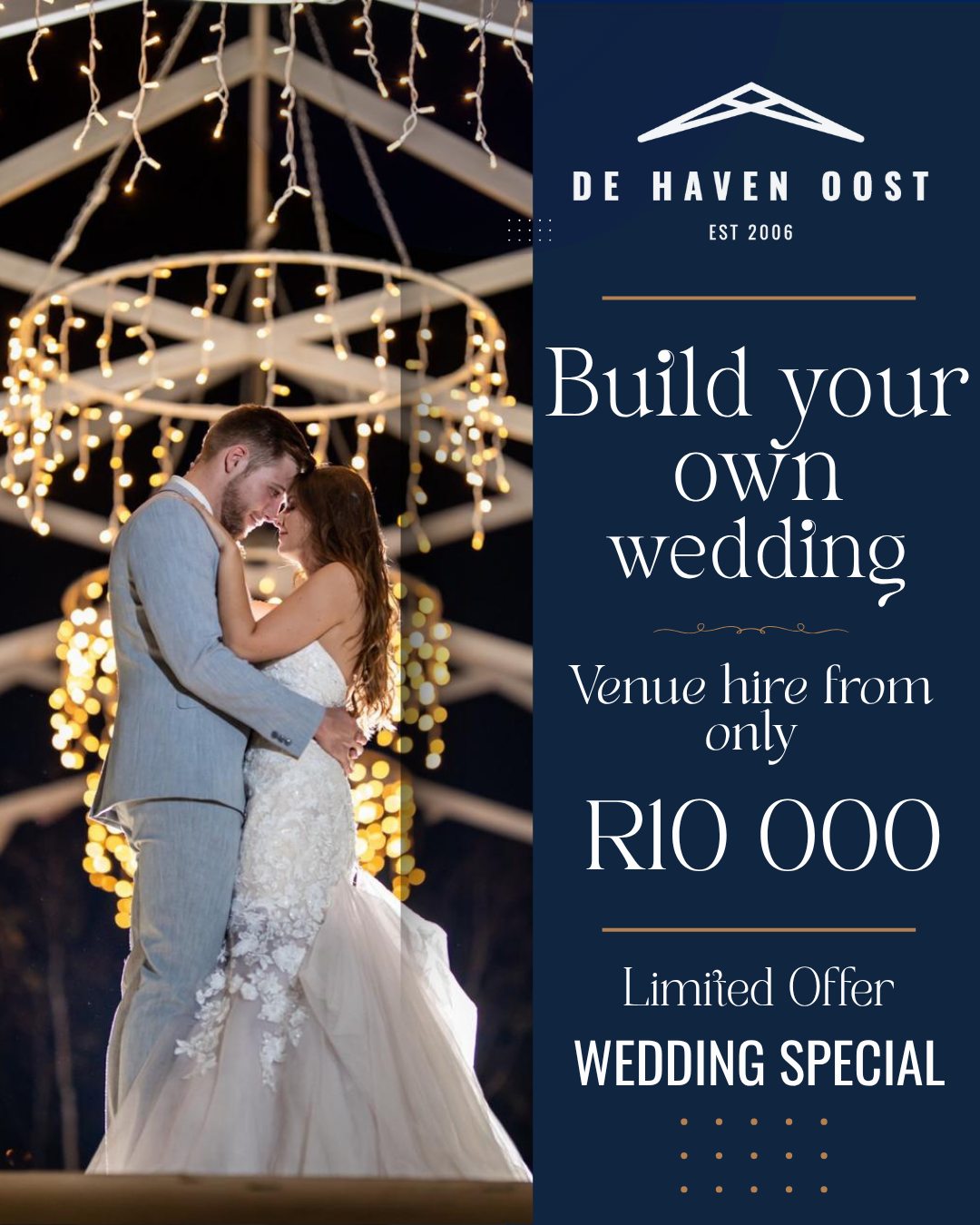Your Day, Your Design
Build your own wedding at De Haven Oost
Dreaming of a wedding that’s truly yours?
At De Haven Oost, every love story becomes a masterpiece designed around your vision, not a standard package.
✨ Build your own celebration — from chapel to décor, menu to midnight boma, every detail is yours to shape.
✨ Exclusive venue hire starting from only R10 000.
✨ Includes private estate access, choice of two chapels, floral voucher, honeymoon suite, and more.
✨ Only 8 dates left for this limited 2025 and 2026 offer — once they’re gone, they’re gone.
Since 2006, De Haven Oost has been where elegance meets authenticity, a wedding venue built for love stories that last.
💫 Book your private viewing today and start designing a wedding that’s as unique as your love.
#bridetobe #weddingvenue #WeddingChapel #wedding #weddingbells #weddingvibes