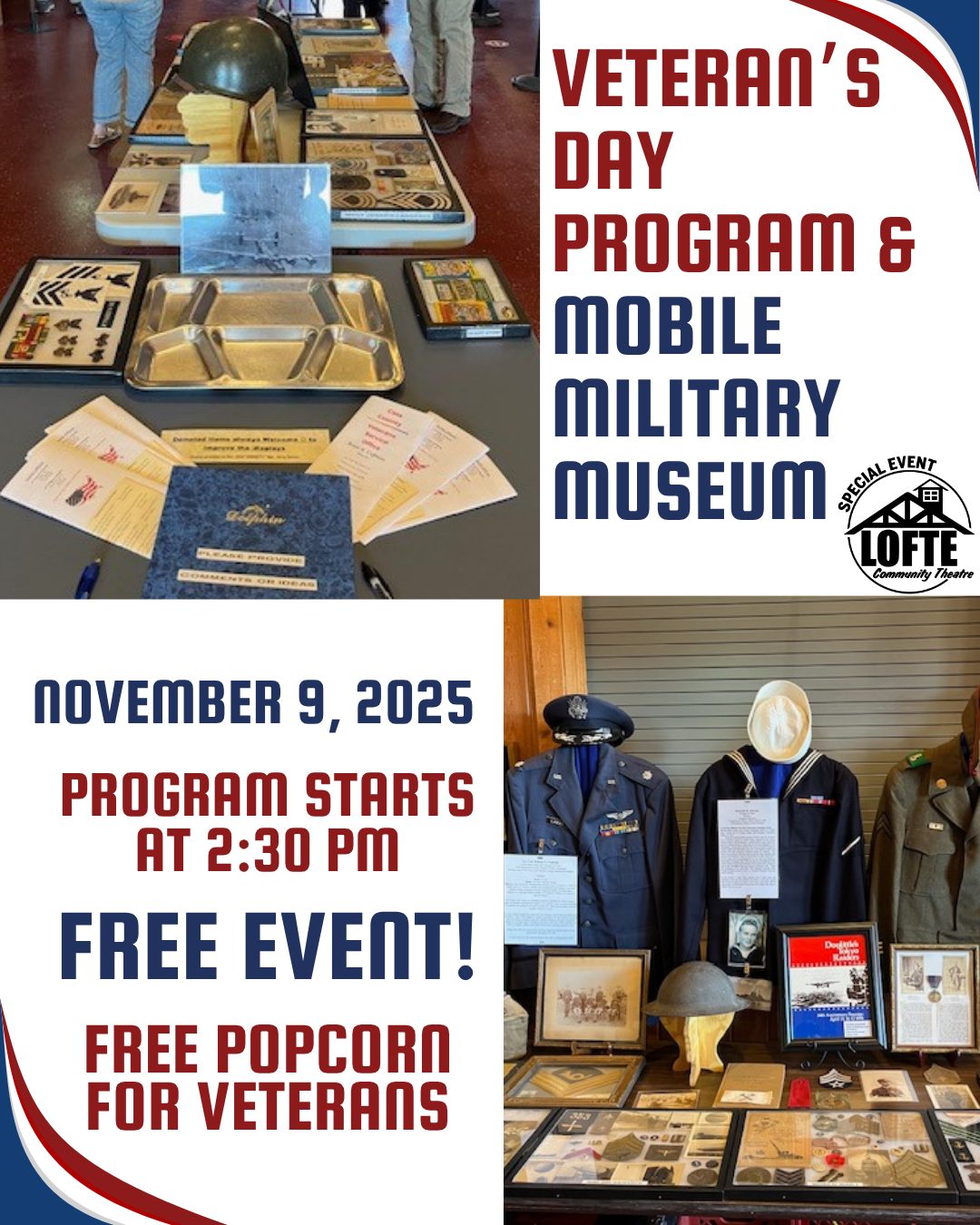 Honor our country’s heroes with this free concert event. Bring the whole family to this patriotic performance by the Southeast Nebraska Community Band as we thank all who have served. Admission is free and free popcorn will be available for veterans. The concert is on November 9th and starts at 2:30. Come early to see Jerry Hanes' Mobile Military Museum. Here are a few pictures of what you can expect to see!
.
.
.
.
.
#Lofte #TheLofte #BornInABarn #LofteTheater #CommunityTheater #CommunityTheatre #Volunteer #Nebraska #CassCounty #Lincoln #Omaha #WeepingWater #Manley #theatre #theater #live #livetheater #livetheatre #specialevents #veteransday #veteransday2025 #patrioticprogram #freeevent #mobilemilitarymuseum