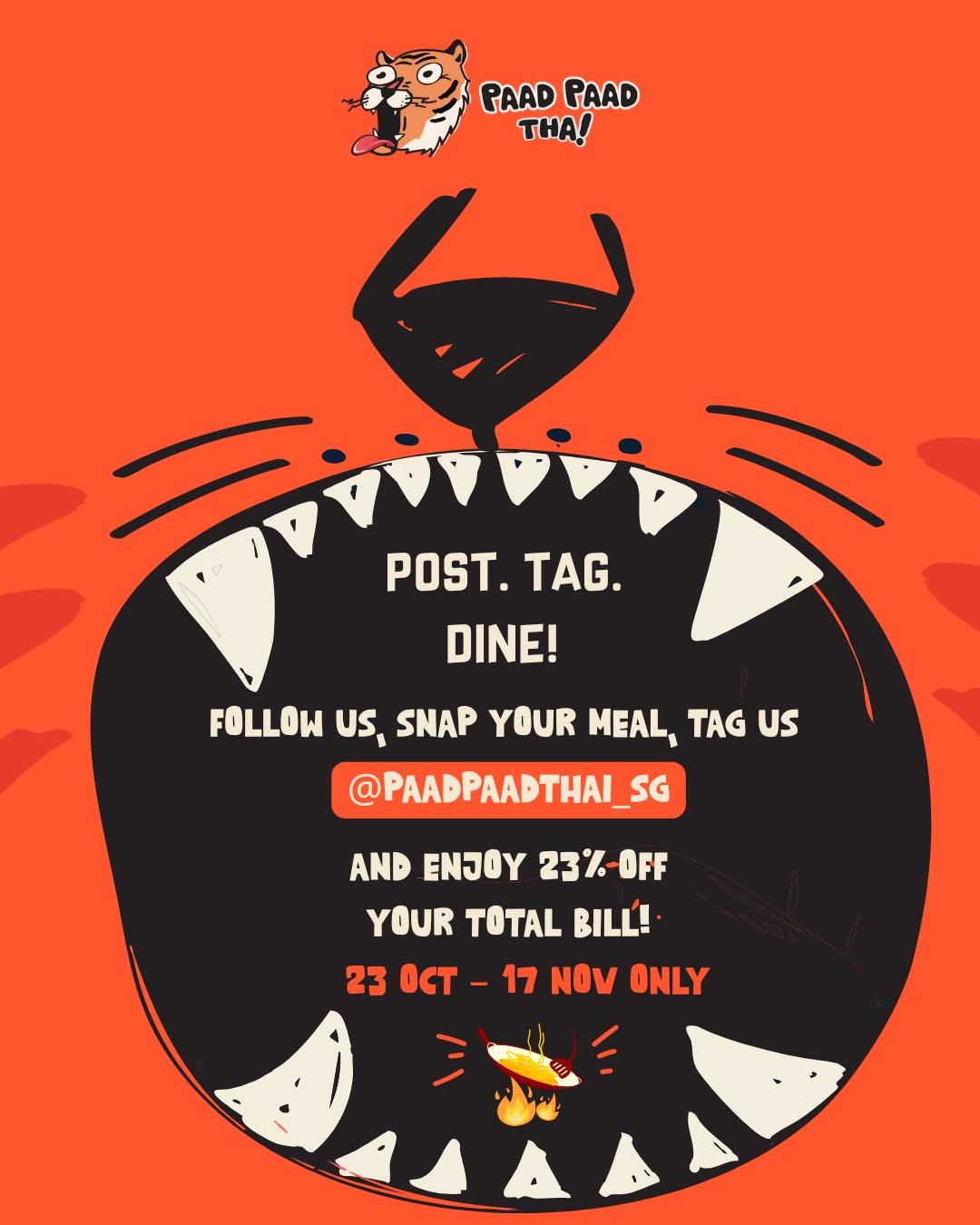 ๐ฅWeโre turning 3 months old ๐ฅ
And weโre turning up the heat!
From 23 Oct to 17 Nov, follow @paadpaadthai_sg, post your meal on IG Stories, tag us and get:
23% OFF your total bill.
Simple, saucy, and so worth it.
Follow. Post. Tag. Dine! Your reward awaits๐
๐ IMM Building #01-K07
#PaadPaadThai #PostTagDine #ThaiFoodSG #SingaporeEats