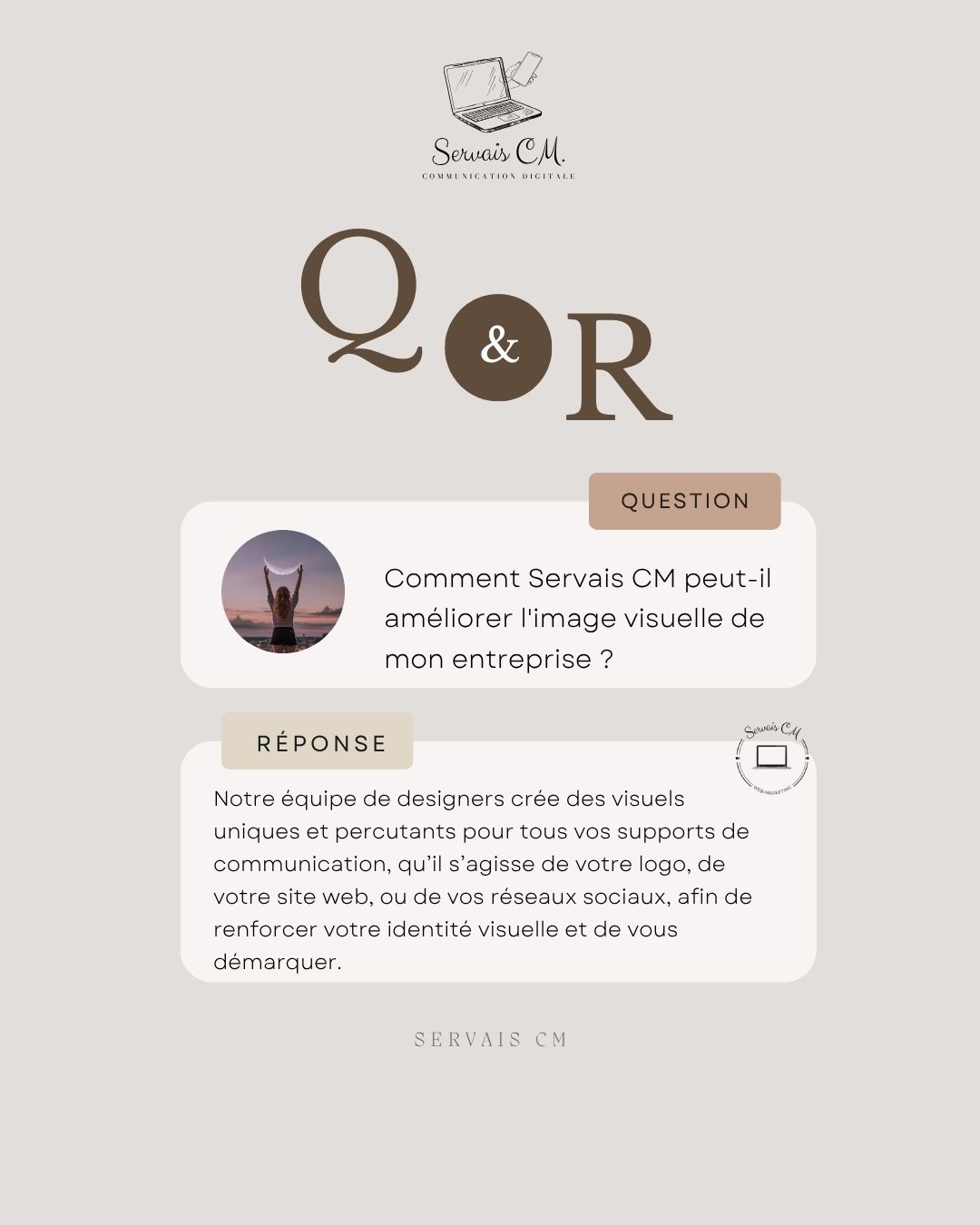 🌟 Question / Réponse du jour ! 🌟
❓ Question : Comment Servais CM peut-il améliorer l'image visuelle de mon entreprise ?
✅ Réponse : Notre équipe de designers créatifs conçoit des visuels uniques et percutants pour tous vos supports : logo, site web, réseaux sociaux… Chaque création est pensée pour renforcer votre identité visuelle, refléter votre univers et vous démarquer de la concurrence.
🎨 Parce qu’une image forte est la clé pour marquer les esprits et attirer vos clients !
#FAQServaisCM #DesignGraphique #IdentitéVisuelle #Créativité #ImageDeMarque #WebDesign #ServaisCM