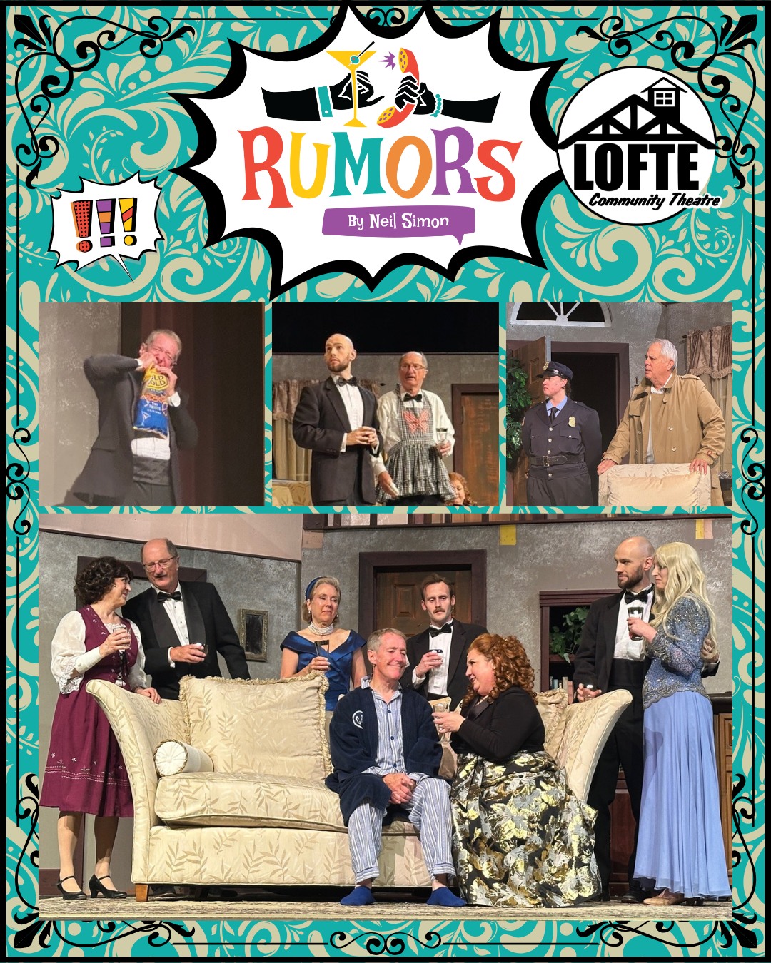 Performances of Rumors continue this weekend! There are only 4 performances left, so get your tickets now, you won't want to let this hilarious farce pass you by! Visit lofte.org/tickets or call 402-234-2553 and get yours today! Remaining performances are October 23, 24, 25, 26. Shows start at 7:00 on Thursdays, Fridays, and Saturdays, and 2:00 on Sundays. The concession stand will open 1 hour before the show starts, and the house will be open for seating at this time as well.
More about Rumors: A wedding anniversary party is being held for Charley Brock, the Deputy Mayor of New York, and his wife, Myra. Ken Gorman, a lawyer, and his wife, Chris, are the first to arrive at the party and first to discover Charley with a flesh wound, who now lies bleeding in another room. Myra is nowhere to be seen. Charley’s self-inflicted bullet injury sets off a series of events, causing his guests to scramble to get “the story” straight before the authorities arrive. As the confusion and miscommunications mount, the evening spins off into classic farcical hilarity. We suggest PG-13
.
.
.
.
.
#Lofte #TheLofte #BornInABarn #LofteTheater #CommunityTheater #CommunityTheatre #Volunteer #Nebraska #CassCounty #Lincoln #Omaha #WeepingWater #Manley #theatre #theater #live #livetheater #livetheatre #localtheater #localtheatre #comedy #rumors #neilsimon #play