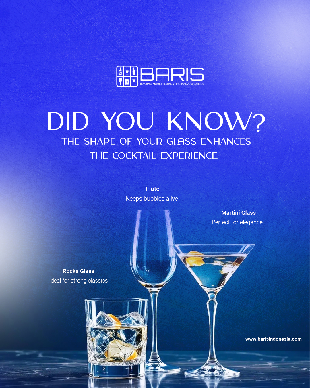 Did you know? The shape of your glass enhances the cocktail experience. 🍷
🥂 Flute – Keeps bubbles alive
🍸 Martini Glass – Perfect for elegance
🥃 Rocks Glass – Ideal for strong classics
------------------------------
CONTACT US
Whatsapp : +62 811-3877-8844
Email : barisindonesia40@gmail.com
Website : www.barisindonesia.com
-----------
Find Us
Jl. Diponegoro No.717, Pedungan, Denpasar Selatan, Kota Denpasar, Bali
-----------
#HospitalityIndustry #HotelSupplies #RestaurantSupply #BarTools #BartenderLife #KitchenEquipment #CommercialKitchen #MixologyTools#barisindonesia#glassware#cocktail