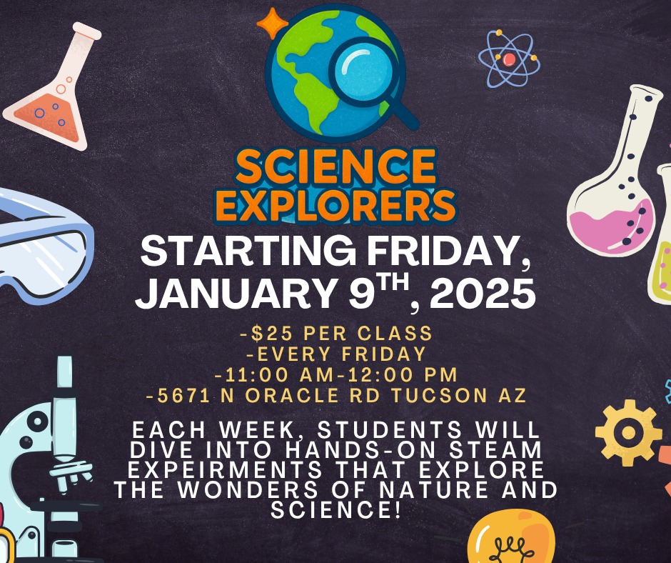 We’re so excited to introduce our brand-new Science Explorers Club at Prolific Creation Studios!
🗓 Starting: Friday, January 9th, 2026
⏰ Time: 11:00 AM – 12:00 PM
💲 $25 per class
Each week, students will dive into hands-on STEAM experiments that explore the wonders of nature and science — from plant biology and ecosystems 🌱 to weather, motion, and chemistry! ⚡️
Through creative projects and real-world investigations, our explorers will uncover the why behind how things work — building curiosity, confidence, and a lifelong love for discovery. 💡
📍 Location: 5671 N Oracle Rd #2105, Tucson, AZ 85704
🌐 Register now and save your spot!
https://www.prolificcreations.org/event-details/first-day-of-science-explorers-club