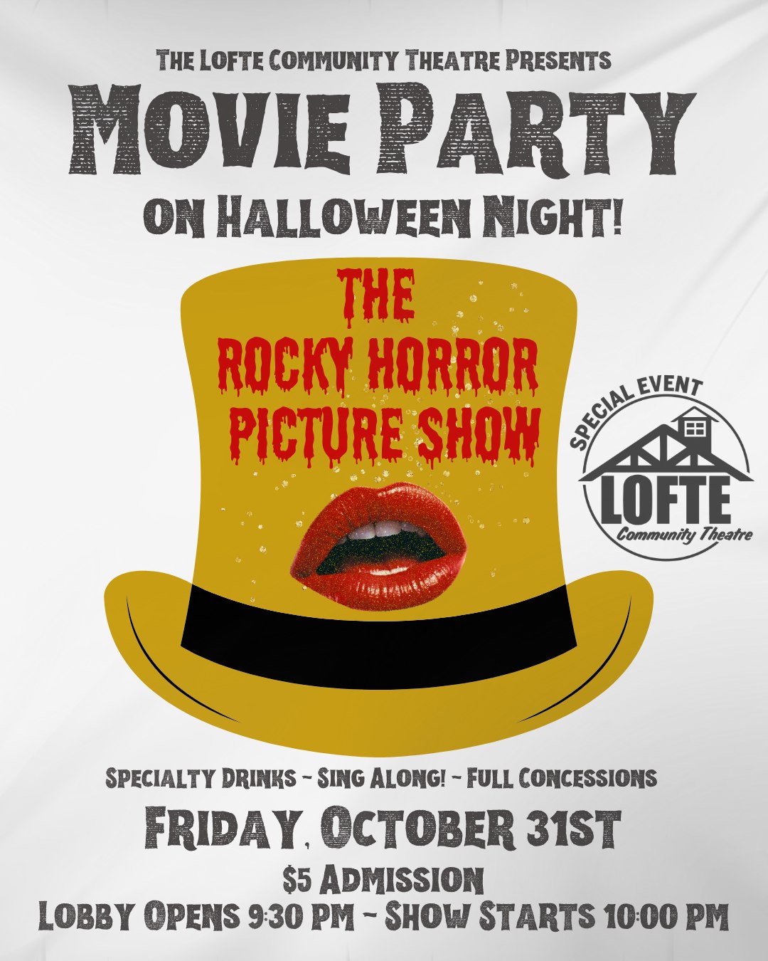 Join us one week from today on Halloween Night for a party you won't forget! We'll be watching The Rocky Horror Picture Show!
Don your costumes, grab your props, and join us for a night of fun and mayhem! Our lobby will open at 9:30, and the show starts at 10:00 pm. Concessions will be available with specialty cocktails. This event will be held immediately following the Murder Mystery Dinner Theatre (separate tickets will be needed for each event). Get tickets ahead of time at lofte.org/tickets And clicking "Buy Special Event Tickets."
Please note this movie is rated R. Please leave your throwing rice and water for simulated rain at home. Thank you for understanding.
.
.
.
.
.
#Lofte #TheLofte #BornInABarn #LofteTheater #CommunityTheater #CommunityTheatre #Volunteer #Nebraska #CassCounty #Lincoln #Omaha #WeepingWater #Manley #theatre #theater #specialevents #rockyhorrorpictureshow #rockyhorror #movienight #halloween2025